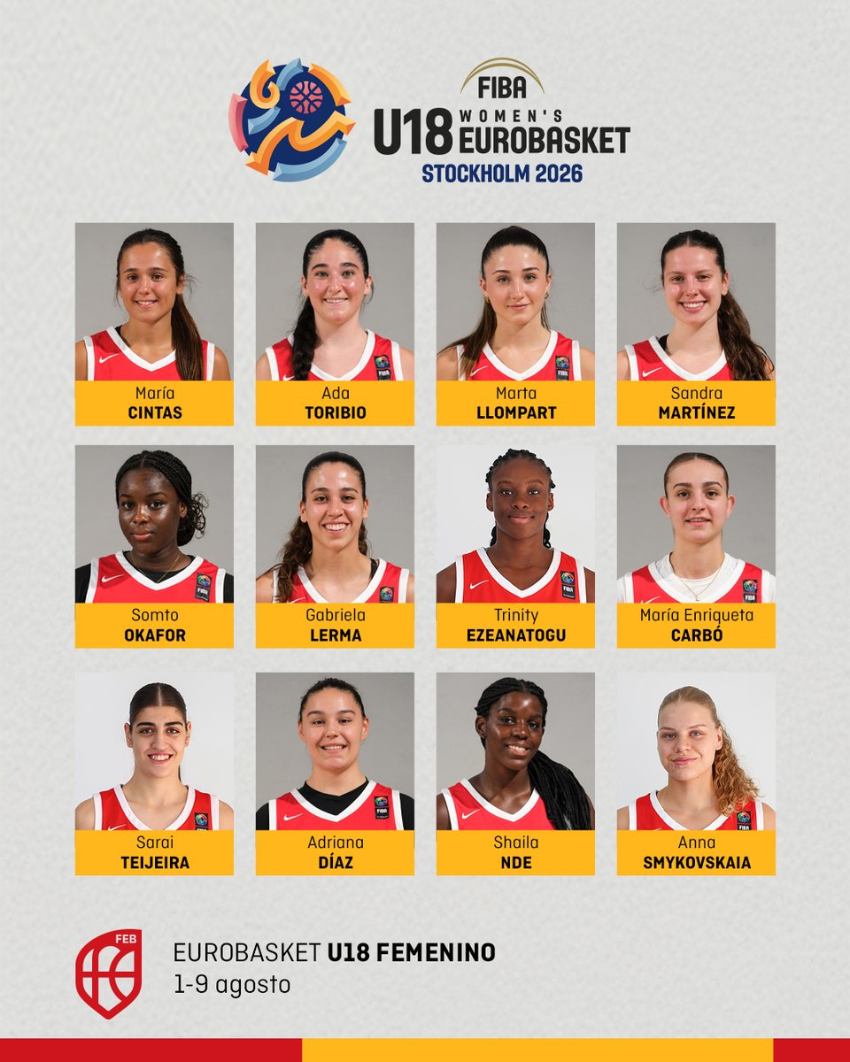 BaloncestoESP's tweet photo. 🚨 OFICIAL | Las 1⃣2⃣ de la #U18F 🇪🇸 para el #U18EuroBasket de Suecia‼️

📆 1 al 9 de agosto
📌 Estocolmo 🇸🇪

@EuroBasketWomen  | #SomosEquipo https://t.co/XyESGWtHAG
