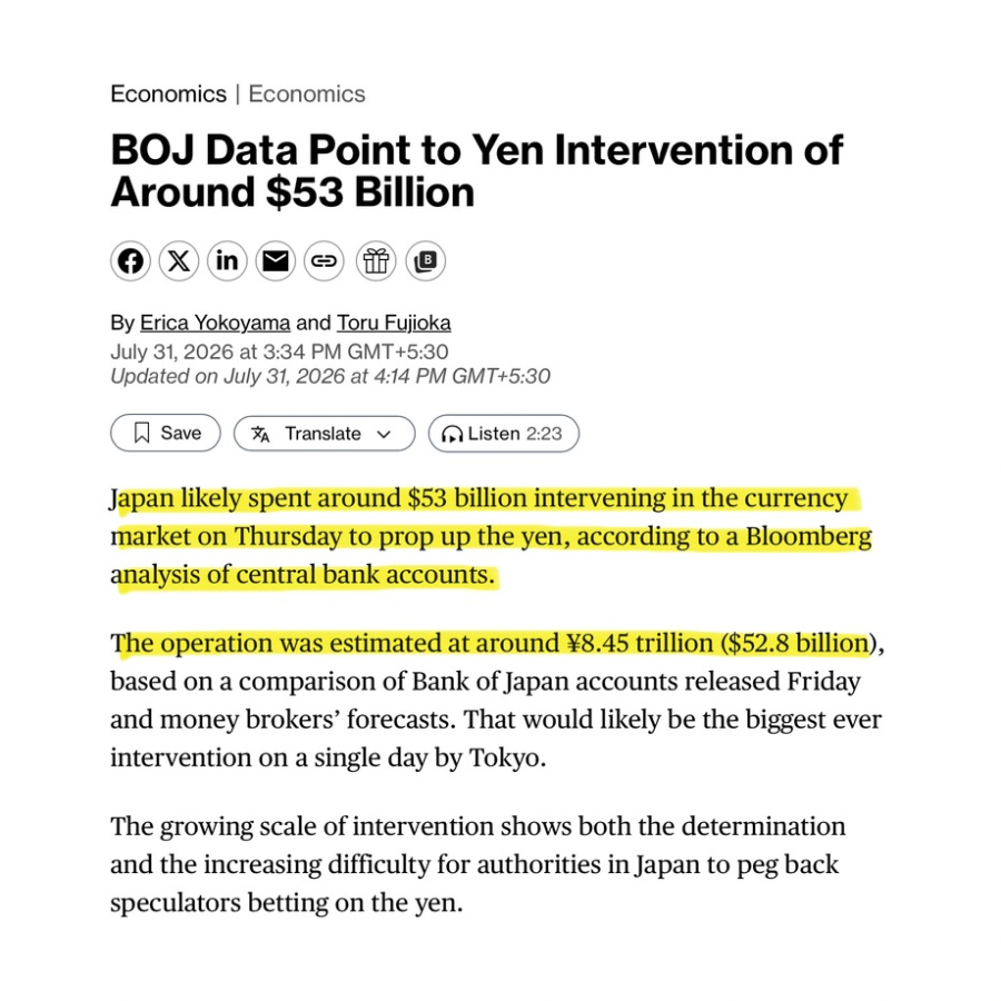 BullTheoryio's tweet photo. BREAKING: Japan just spent a record $53 BILLION in a single day to save the yen, Per Bloomberg. 

This was possibly the biggest one day intervention in its history, and the yen already back above 160 in less than 24 hours. https://t.co/ctao4V17XV