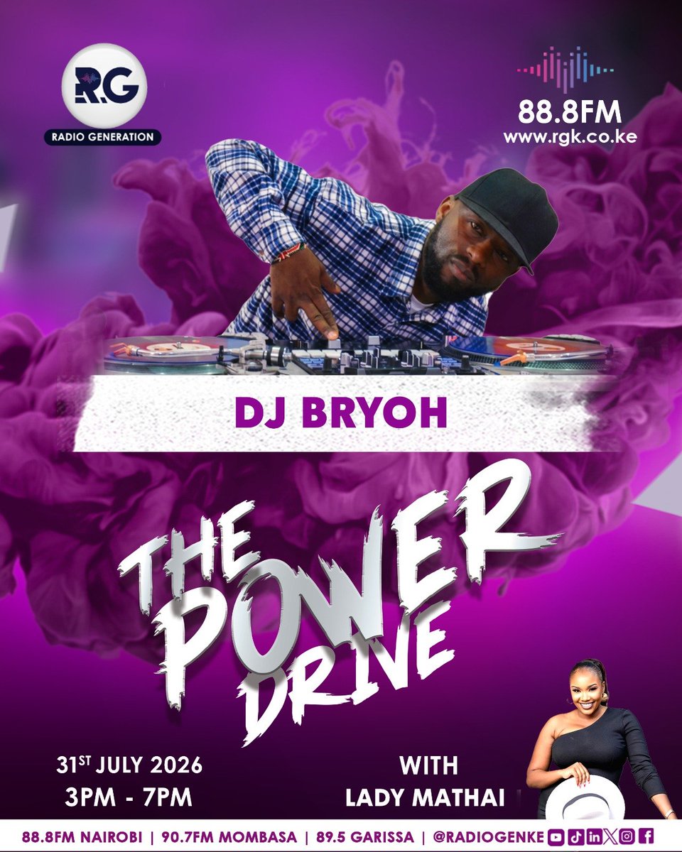 RadioGenKe's tweet photo. Friday sounds different when DJ Bryoh is in the mix.
Join @lady_Mathai and @themedia_guy for #PowerWaveFriday, where the music gets louder, the drive gets lighter, and the weekend starts before you get home till 7 PM on #ThePowerDrive.
#HomeOfHardTruths https://t.co/B8C6nEh8DK