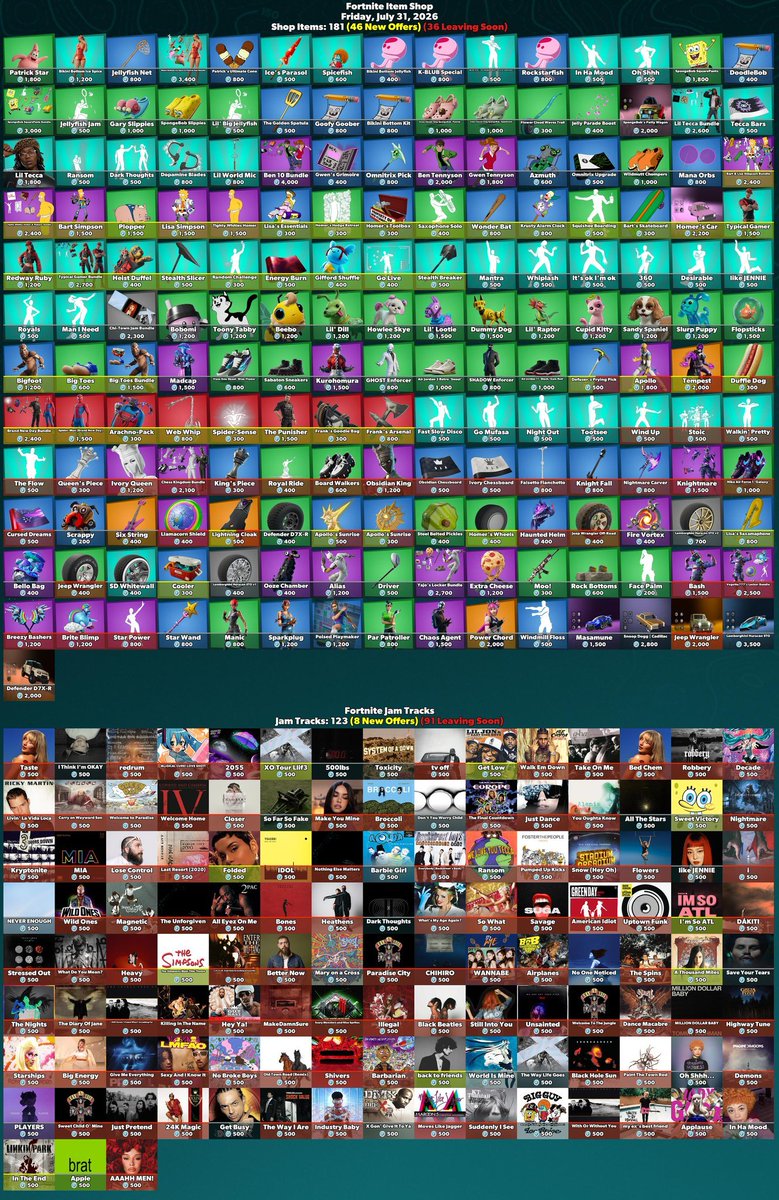 RoseilyaX's tweet photo. #Fortnite

 Item Shop

Friday
July31, 2026

Shop Items: 181 (46 New Offers) (36 Leaving Soon)

If u want to support me u can use my creator Rose in shop! https://t.co/BJgtOdC2uY