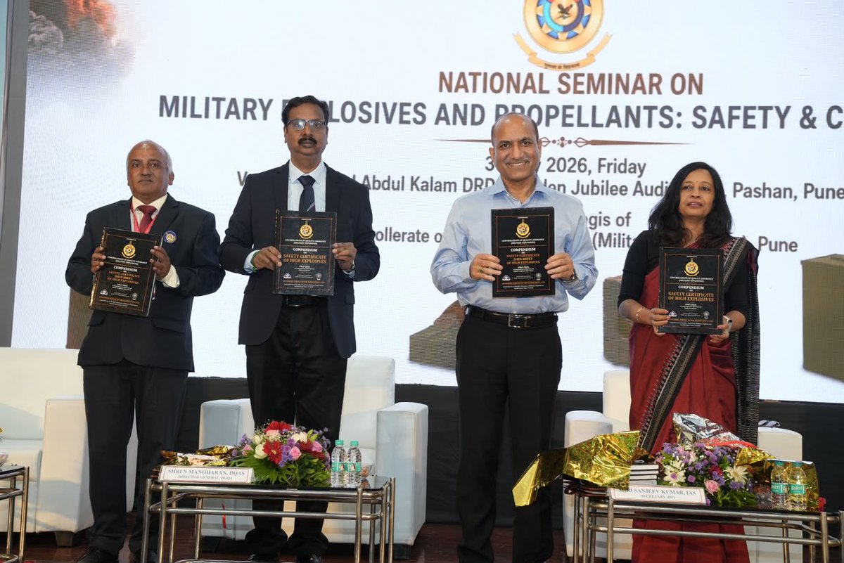 DefProdnIndia's tweet photo. A National Seminar on ‘Military Explosives and Propellants: Safety and Compliance’ was held today, 31st July 2026 at Dr APJ Abdul Kalam DRDO Golden Jubilee Auditorium, Pune, organised by #DGQA under the aegis of DDP. The seminar brought together Government, industry, #DRDO and academia to strengthen safety, regulatory compliance, #innovation and self-reliance in defence explosives and propellants. More than 400 participants from private industry, DPSUs, DRDO, PESO, QA agencies and the Armed Forces attended the seminar.

Shri Sanjeev Kumar, Secretary (Defence Production), delivered the keynote address and emphasised the paramount importance of safety in the field of explosives and optimisation of storage area. Secretary (DP) also urged CFEES, PESO and DGQA to work in close coordination to facilitate faster industrial licensing in the defence manufacturing sector. 

Among others Dr Garima Bhagat, JS (LS), Shri Prakash Rajpurohit, JS (DIP) and Shri N Manoharan, DG, DGQA also spoke on policy on explosive safety for building a strong safety culture across defense manufacturing. 

#DDP #DefenceProduction #AatmanirbharBharat