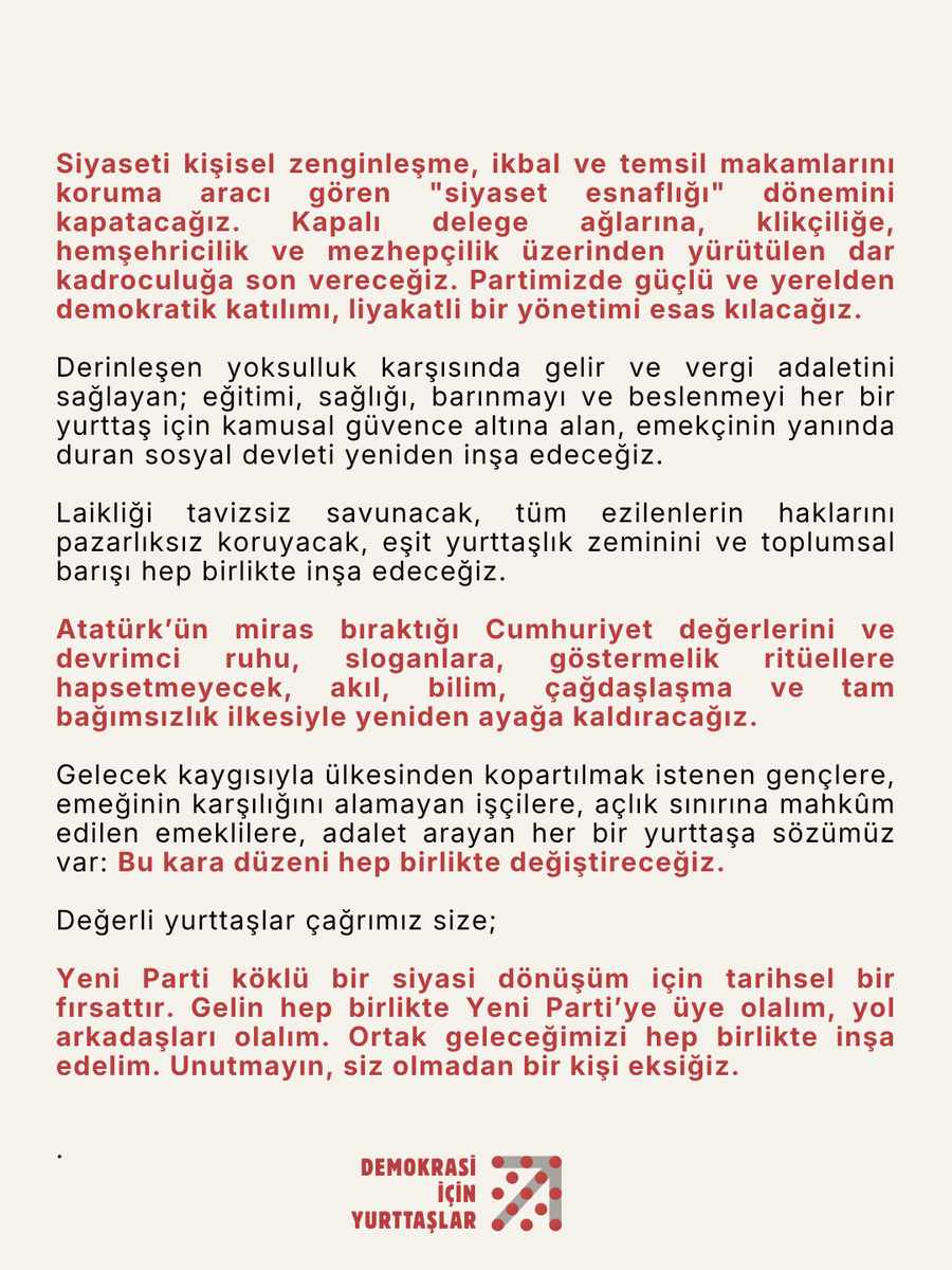 diyhareketi's tweet photo. Örgütlü mücadelemizi Yeni Parti'de sürdürmek için hazırız! Tüm yurttaşları Yeni Parti'ye üye olmaya, bağışlarla  partimizi desteklemeye, demokrasi, hukuk devleti, sosyal adalet mücadelesini güçlendirmeye davet ediyoruz. Kurtuluş yok tek başına, ya hep beraber ya hiçbirimiz! https://t.co/lUxMVcbaAm