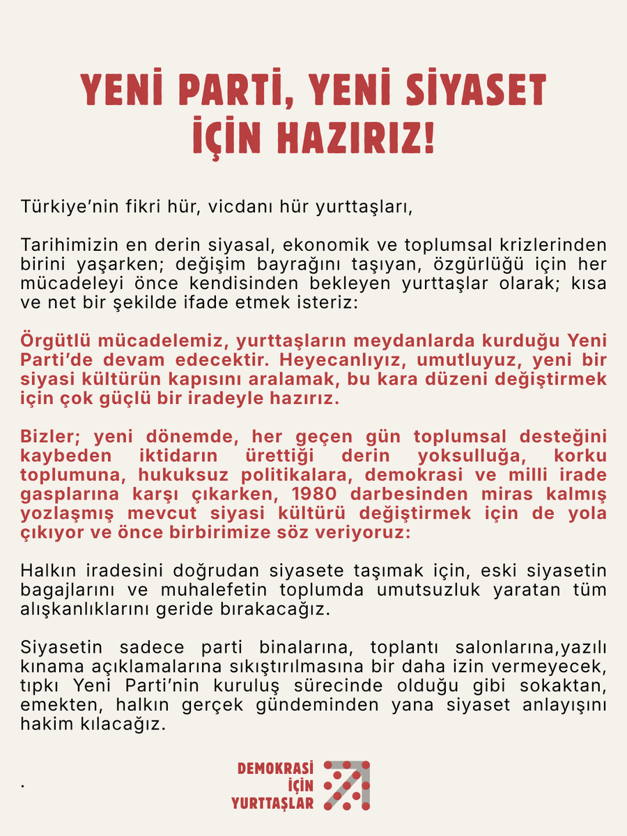 diyhareketi's tweet photo. Örgütlü mücadelemizi Yeni Parti'de sürdürmek için hazırız! Tüm yurttaşları Yeni Parti'ye üye olmaya, bağışlarla  partimizi desteklemeye, demokrasi, hukuk devleti, sosyal adalet mücadelesini güçlendirmeye davet ediyoruz. Kurtuluş yok tek başına, ya hep beraber ya hiçbirimiz! https://t.co/lUxMVcbaAm