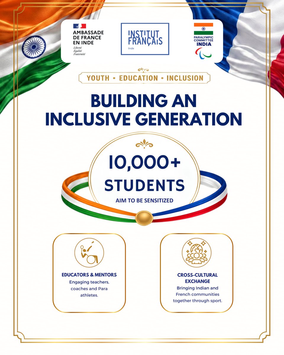 PCI_IN_Official's tweet photo. What if inclusion wasn't just discussed, but experienced? ♿🇮🇳🇫🇷
Introducing #ParaÉlan—an Indo-French initiative by the French Institute in India (IFI) and the Paralympic Committee of India (PCI), using adaptive sport and education to inspire empathy, resilience, and inclusion. https://t.co/Yo6sTQIcrE