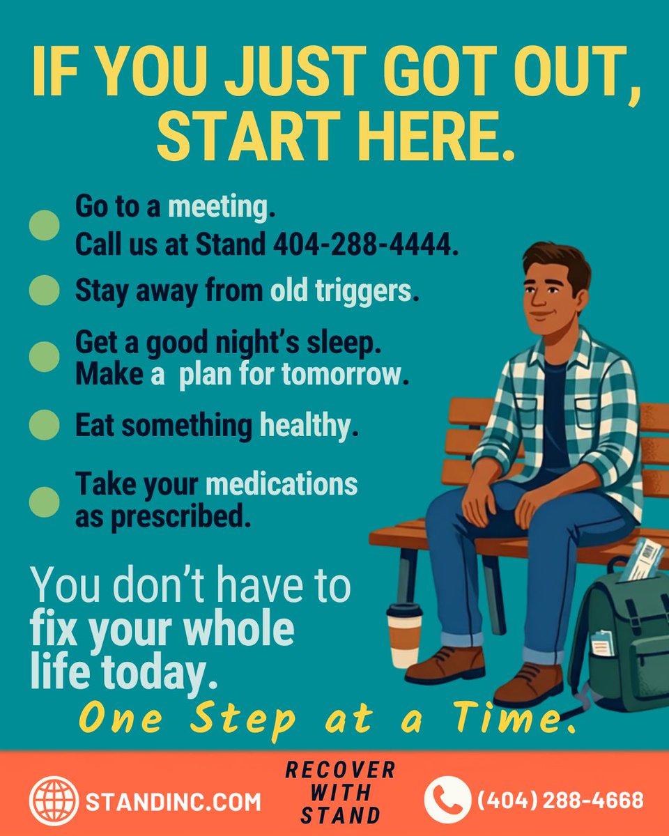 wearestandinc's tweet photo. Getting out is a major milestone and new beginning. Focus on the next right step. Stay connected. Georgia Recovers! @gaca.org @GeorgiaDBHDD @GeorgiaCouncilforRecovery https://t.co/3RHYk3mTjd 🎯 #GeorgiaRecovers #StandInc #RecoverySupport https://t.co/X2tO0NaA0k