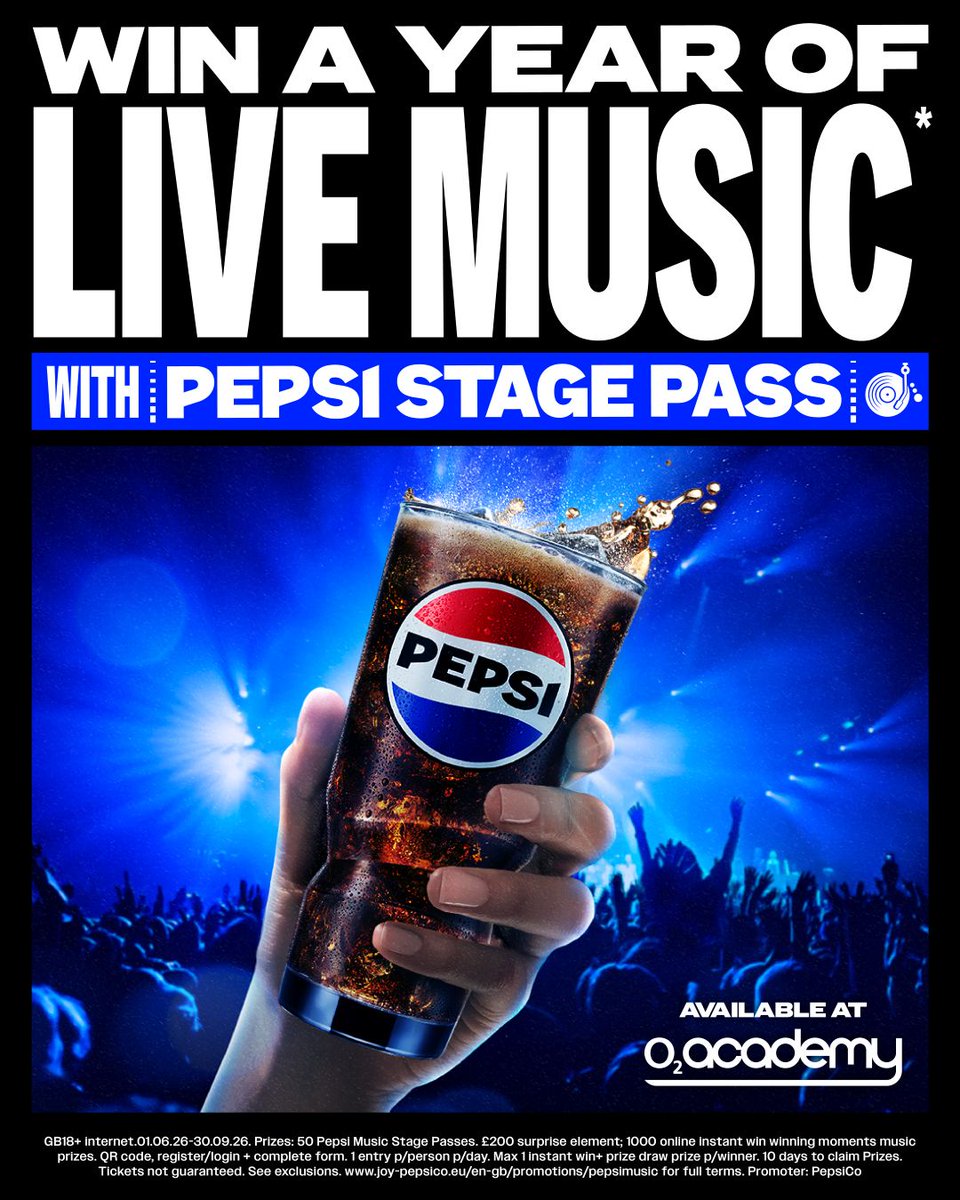 O2ApolloManc's tweet photo. Win your way in 🎟️🔥

Enter now for the chance to win a Pepsi Stage Pass and score tickets to O2 Academy venues, plus 1000s of other instant prizes and unforgettable live music moments: https://t.co/2dfIEV3JUU 

#AD GB, 18+. No purchase necessary. Ends 30.09.26. T&amp;Cs apply. https://t.co/4YFRVS0X4P