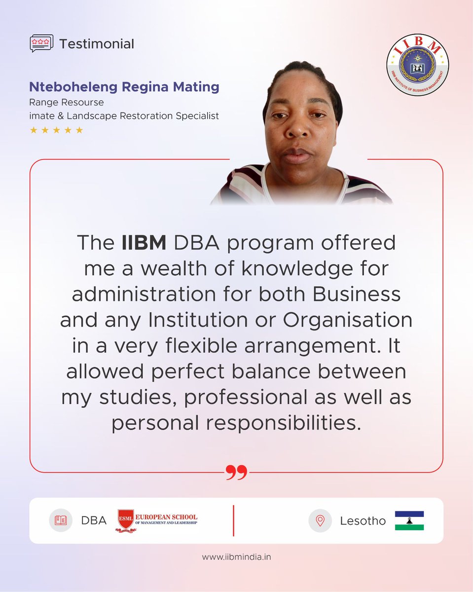 iibminstitute's tweet photo. Congratulations to Nteboheleng Regina Mating on successfully completing her DBA in Agriculture Management.
Wishing her continued success in creating a lasting impact through leadership and sustainable development.
🌐 https://t.co/hFkh0CDM0N
#IIBM #DBA #AgricultureManagement https://t.co/1Hp7nWZg3W