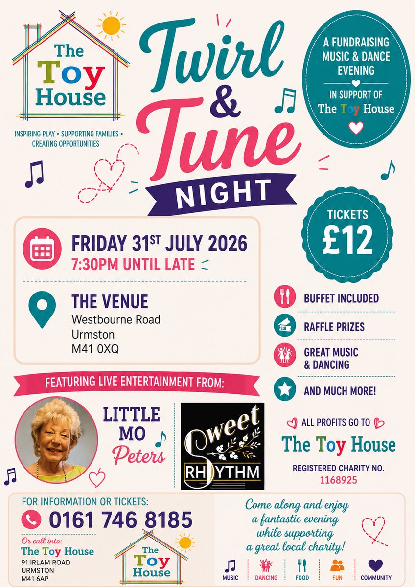 TraffordWestPCN's tweet photo. 🎶 Join The Toy House for their annual Twirl & Tune Night! 💃

📅 Friday 31st July
🕢 7:30pm until late
📍 Westbourne Road, Urmston

Enjoy a fun-filled evening of live music, dancing, a full buffet and raffle prizes – all for just £12!

🎟️ Only 120 tickets available, so book early to avoid missing out.

📞 To book or find out more, call 0161 746 8185.

Every ticket helps support the amazing work of The Toy House. Please like, share and help spread the word! ❤️