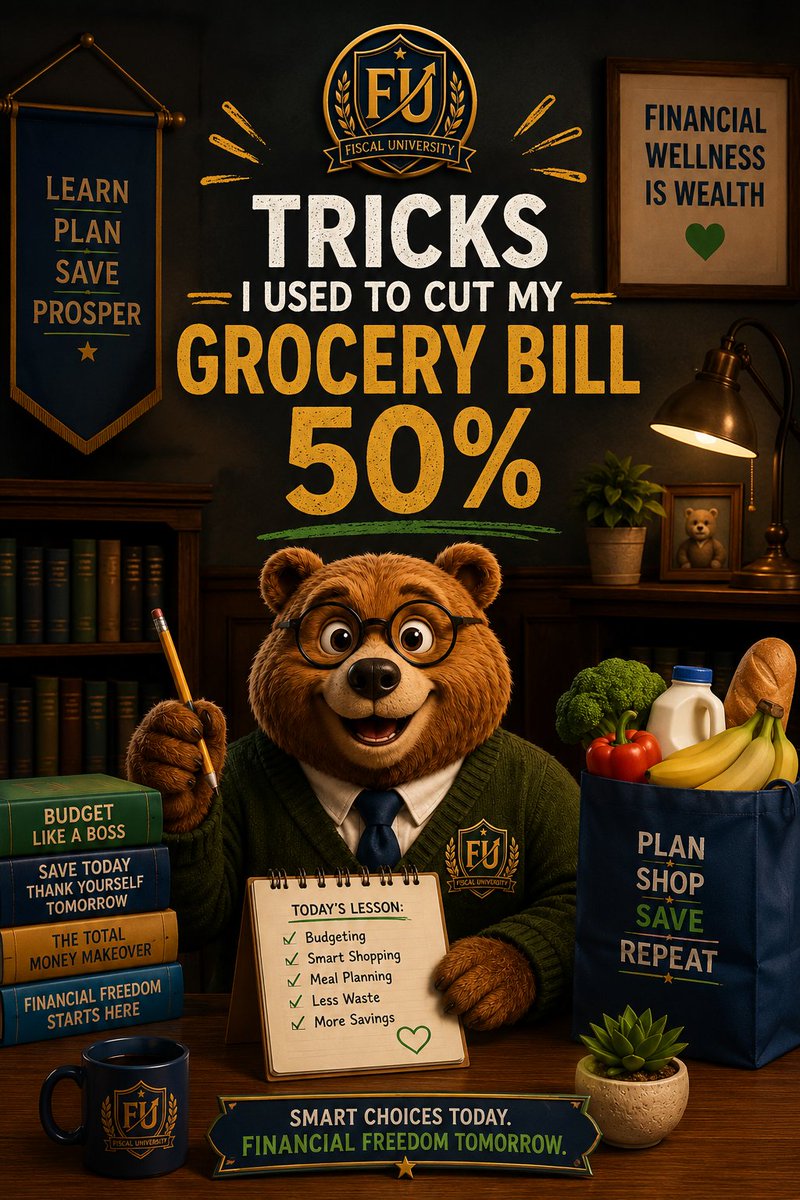 FUfiscaluniv's tweet photo. How did Professor Bear cut his grocery bill by nearly 50%?

#budgetingtips #moneysavingtips #frugalliving #groceryshopping #financialliteracy https://t.co/rfxstivW7Y