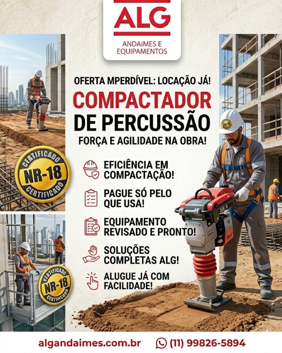 ALGAndaimes's tweet photo. 👷Os compactadores de percussão realizam o trabalho de compactação de camadas de solo antes da aplicação de revestimento ou cobertura. É extremamente recomendado que se realize a compactação do solo antes do início de uma obra, pois a omissão desse procedimento pode levar a danos https://t.co/d6HWY63mXB