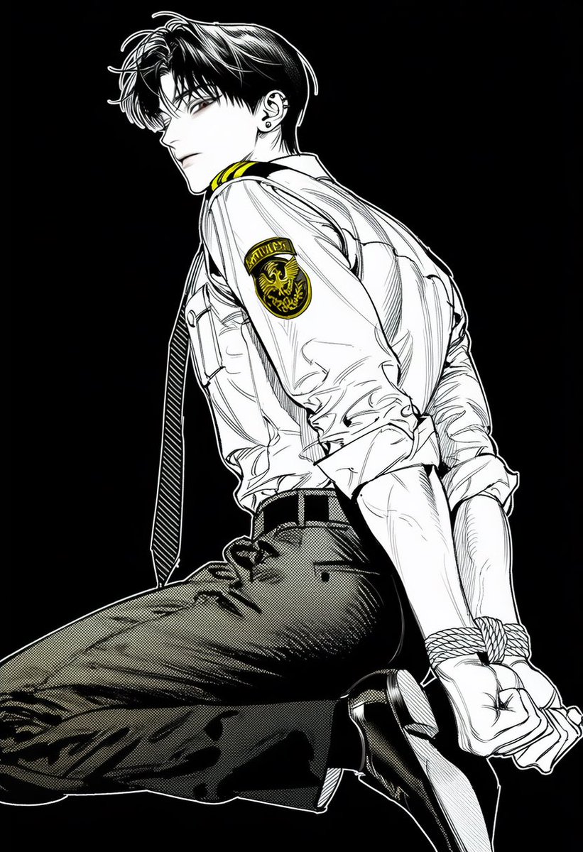 noeul_zzix's tweet photo. 풀어,

full body, wearing a white pilot uniform shirt, crisp white long-sleeve shirt with sleeves rolled up to the forearms, black necktie with subtle diagonal stripes, black shoulder epaulettes with four gold stripes, dual chest flap pockets with silver buttons, embroidered pilot wing badge on the left chest, black leather belt with silver buckle, tailored black uniform slacks, neat and professional airline pilot attire,

kneeling on both knees, hands tied behind the back with thick rope, wrists tightly bound, rope wrapped around the upper arms and torso, restrained with rope,

looking back over the shoulder, head turned backward, calm expression, slightly tilting the head, making eye contact with the viewer over the shoulder, solid black background,