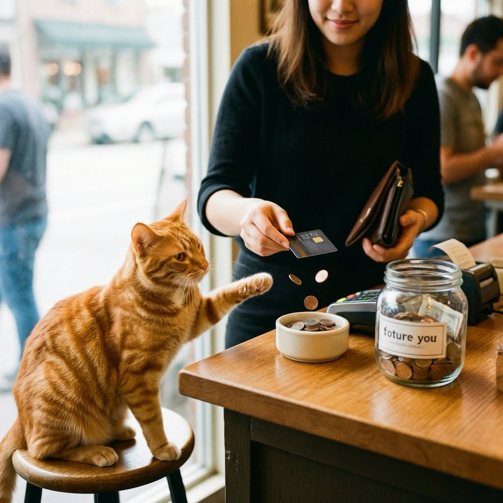 ScenarioKitty's tweet photo. Your bank offers a debit card that rounds every purchase up and sends the extra pennies to either future you, a stranger in debt, or a local repair fund; which setting would you choose for a year? https://t.co/LcHSrSrzu6