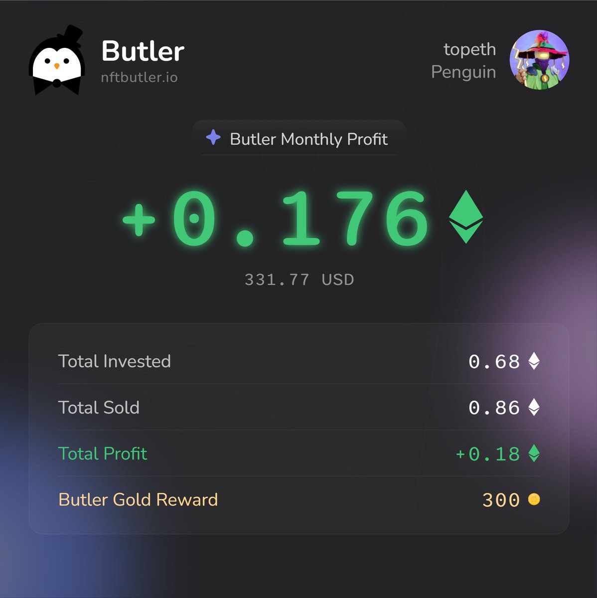WinsonNCY's tweet photo. 0.176 Ξ in profit made in the last 31 days using @nftbutler 💰📈

Sharing on X to grab my extra 300 Butler Gold 🟠
Bidding’s a breeze with NFT Butler in my arsenal!  🐧

#NFT #NFTCommunity #NFTButler

https://t.co/Jm30YTa16F https://t.co/4U3jno5vwr