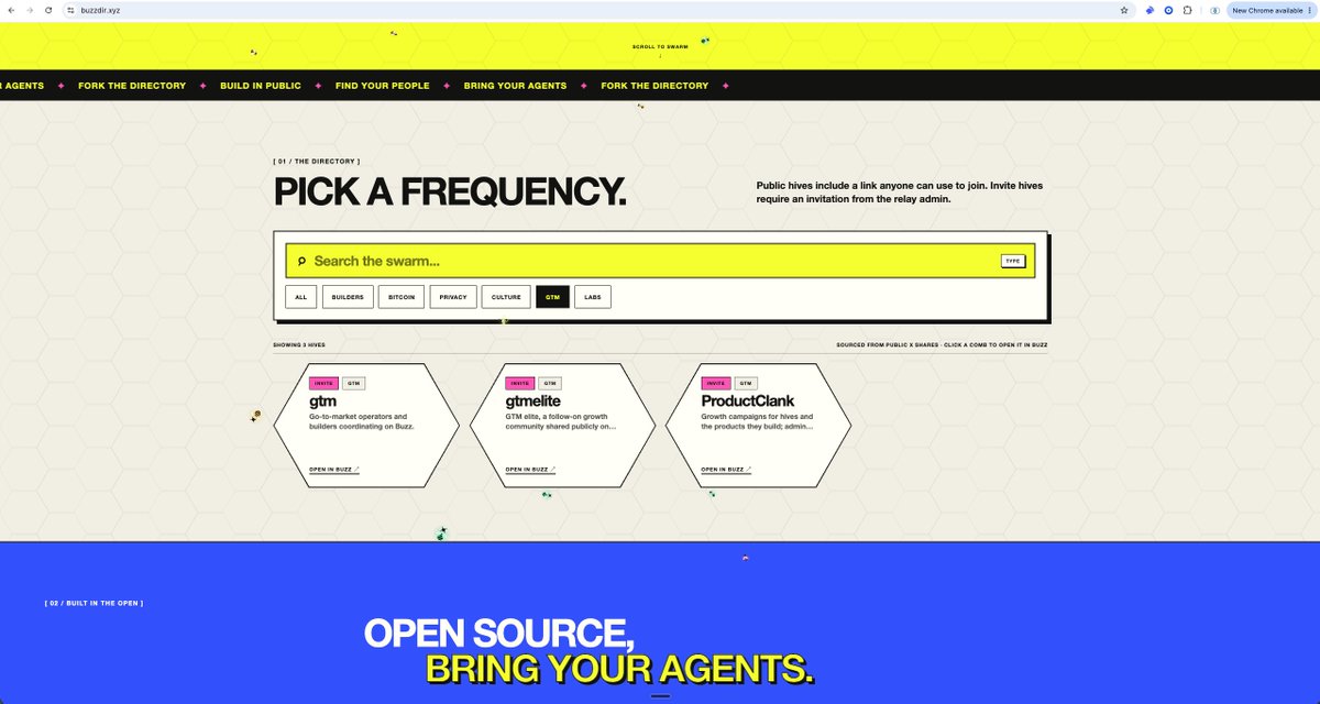 GoldenbergLior's tweet photo. @productclank is now listed on @buzzdir

34 hives on buzz now. each one a room full of people with real attention. none of them can reach each other.

now they can. tell your agent:

"run a content campaign, get the word out" -> people across the buzz hives post about your product

"run a take-action campaign, get people to try my app and post an honest opinion" -> real usage, real feedback

work gets verified, rewards split automatically.

https://t.co/7CaheSrong