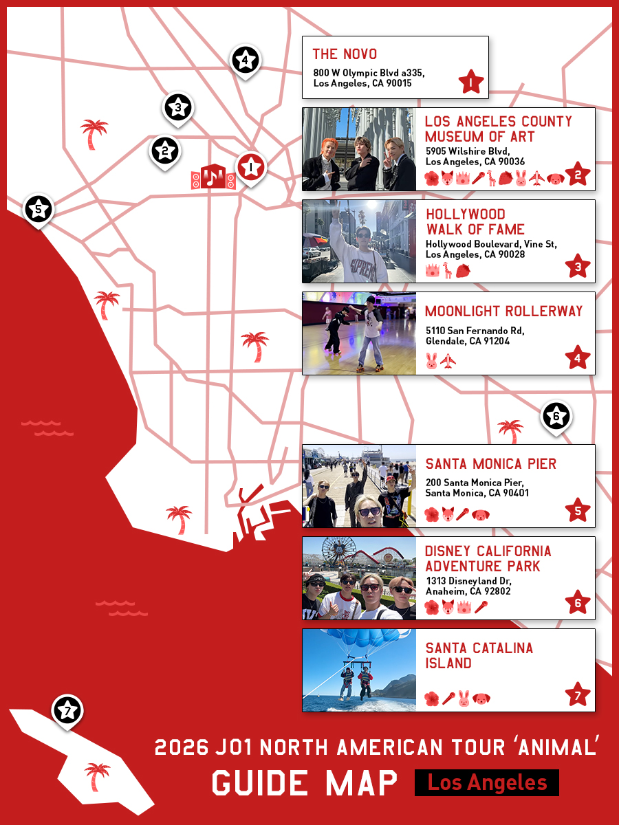 official_jo1's tweet photo. [📢] 

2026 JO1 NORTH AMERICAN TOUR ‘ANIMAL’
📍GUIDE MAP：Los Angeles

Explore the recommended LA spots visited by JO1! 🐾 
Let’s get ready together to enjoy the ANIMAL TOUR to the fullest!

US JAMs, drop your top LA recommendations in the comments! 💬

#JO1 #JO1_in_LA https://t.co/R4WLVCdUIO