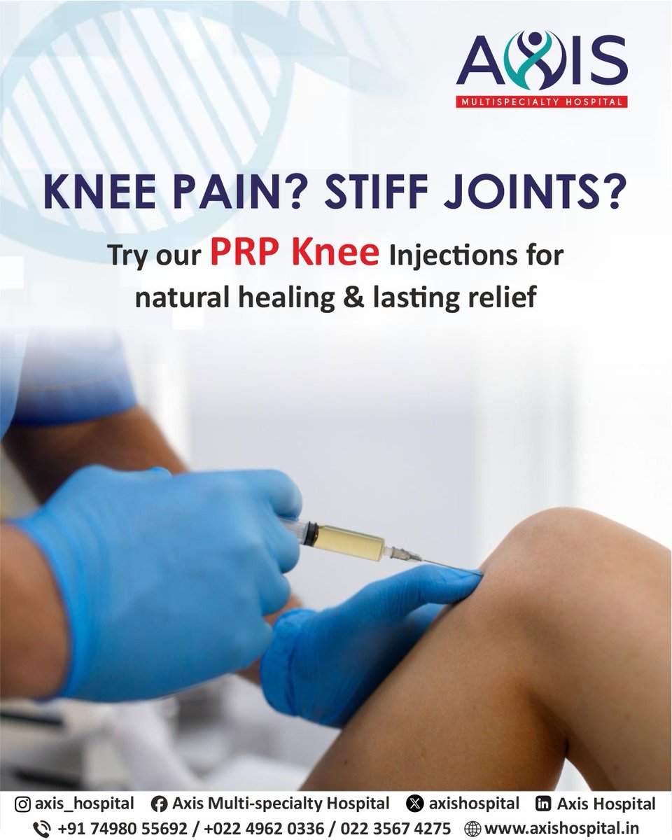 axishospital1's tweet photo. Knee pain and stiff joints shouldn’t hold you back.

PRP Knee Injections use your body’s natural healing process to help reduce pain, improve mobility, and support recovery. Consult the orthopedic experts at Axis 

#AxisHospital #PRPTherapy #KneePain #OrthopedicCare #PainRelief https://t.co/S0T0Uofn7C