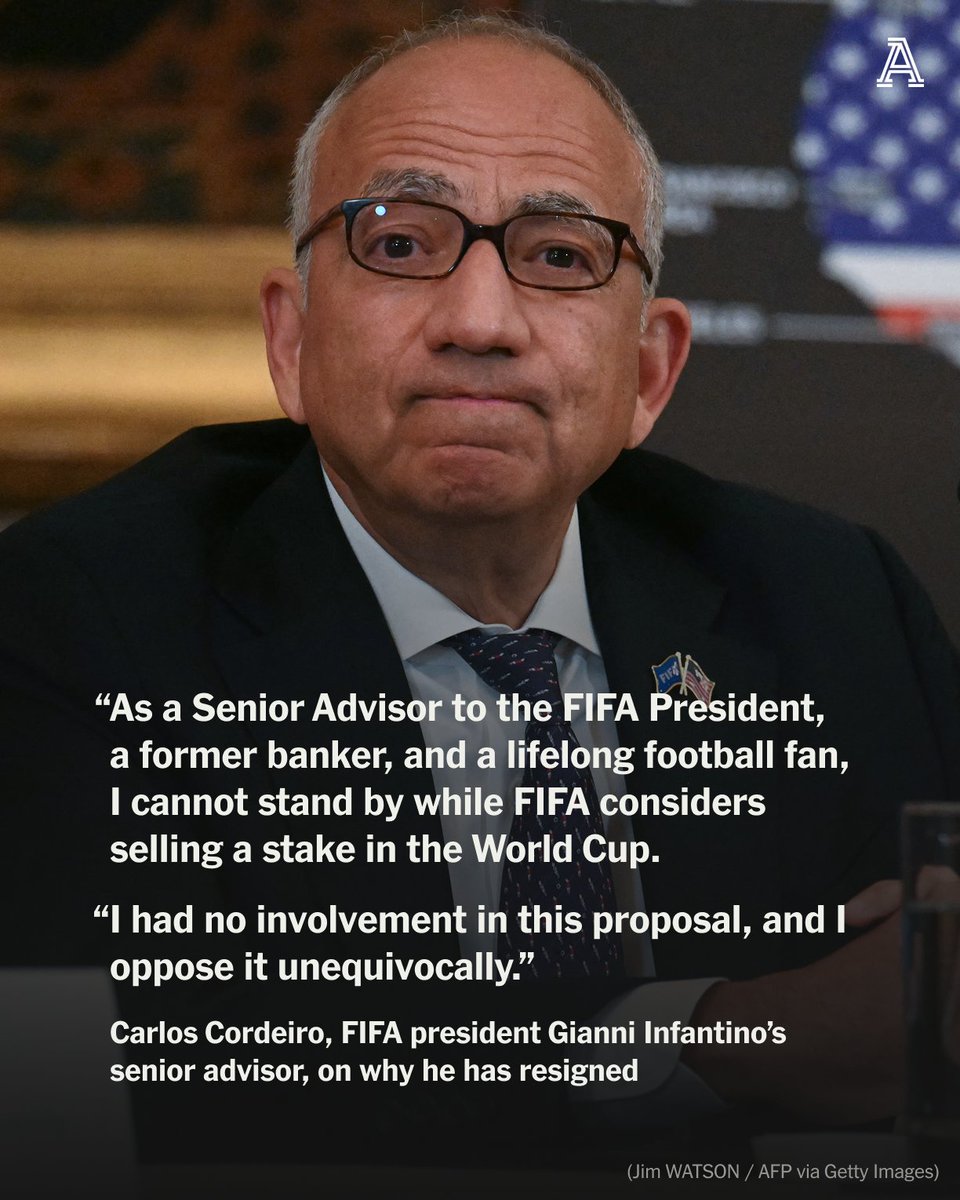 TheAthleticFC's tweet photo. FIFA president Gianni Infantino’s senior advisor Carlos Cordeiro has resigned due to his opposition to plans to sell stakes in the World Cup to private investors.

Cordeiro, 70, had been in the role for five years following a career in investment banking.

He described FIFA’s proposals as “a bad deal for FIFA’s Member Associations, a bad deal for football, and a bad deal for the long-term future of the game.”

More from @AliRampling and @Dan_Sheldon_ 

🔗 https://t.co/AKBxrq5RS5