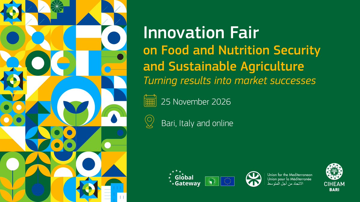 EUScienceInnov's tweet photo. 🚀AU-EU-Med Innovation Fair on Food &amp; Nutrition Security &amp; Sustainable Agriculture!

📅Nov 25, 2026📍@CIHEAMBari &amp; Online

Turning Results into Market Successes Innovative, science-based, deep tech startups apply now: https://t.co/yMl0qU42GC

#MakingItPossible #NotARegularEvent https://t.co/9N3VPumalb