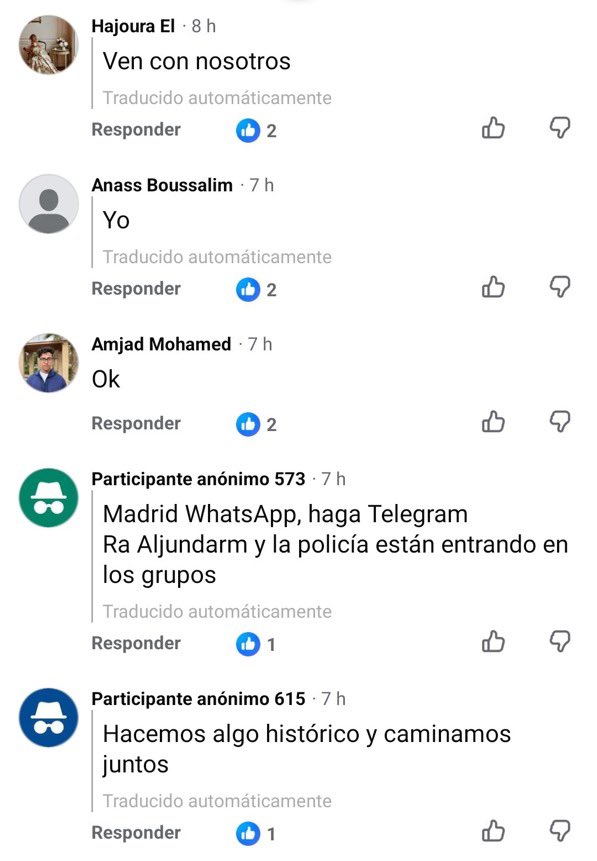 vivscontent's tweet photo. De invasie van #Ceuta werd georganiseerd via 5 Facebookgroepen die samen ongeveer 250.000 leden telden en die nu plotseling zijn verdwenen.

Een van hen, blootgelegd op de 27e door Ceuta TV, heette “Hraga España”, een term die verwijst naar illegale immigranten die op illegale wijze Spanje binnenkomen. Deze groep telde 20.000 leden.

Veel mensen vragen zich nu af waarom de Spaanse autoriteiten niet anticipeerden op de gecoördineerde aanval, en in hoeverre het Marokkaanse regime op de hoogte was of medeplichtig aan deze groepen voor de invasie.

De automatische Spaanse vertaling in de screenshots is begrijpelijk, maar niet altijd letterlijk. Hieronder staat een vloeiende Nederlandse vertaling.

Screenshot 1

Arabische tekst:

“Mensen die morgen vertrekken, wat denken jullie? Wordt het iets nieuws? Of gaan ze weer naar de mensen die gisteren zijn aangekomen? Gaan ze opnieuw een aanval doen? Of wachten ze tot we allemaal zijn vertrokken? We horen niets meer in het nieuws. We zitten vast.”

De strekking is dat de schrijver zich afvraagt wat er de volgende dag gaat gebeuren en of de autoriteiten opnieuw zullen ingrijpen.

Screenshot 2

Arabische tekst:

“Broeders, vandaag zijn veel jongens binnengekomen. Sommigen hadden geen uitrusting of geschikte kleding. Ga niet in kleine groepjes of afzonderlijk. We moeten ons verzamelen en als één groep naar binnen gaan. Op die manier kan het leger ons niet tegenhouden. De beste tijd is bij zonsopgang. We spreken af op zaterdag, als God het wil. Wie mee wil doen, stuur me een WhatsApp-bericht en schrijf ‘ok’.”

Reacties onder het bericht:

• “Kom met ons mee.”
• “Ik doe mee.”
• “Ok.”
• “Maak een Telegramgroep in plaats van WhatsApp. De politie is de WhatsApp-groepen aan het infiltreren.”
• “Laten we samen geschiedenis schrijven.”

Lees ook mijn artikel via de link in de gequote tweet hieronder. 👇