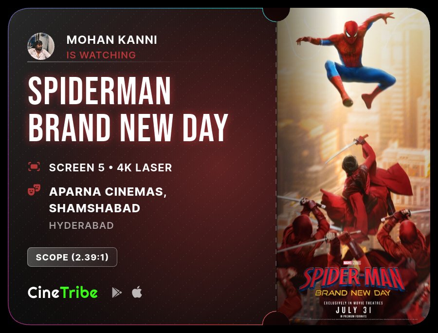 mohan_kanni's tweet photo. At the movies for #SpiderManBrandNewDay. Logged on #CineTribe 🍿 https://t.co/WSJpfeSjiE