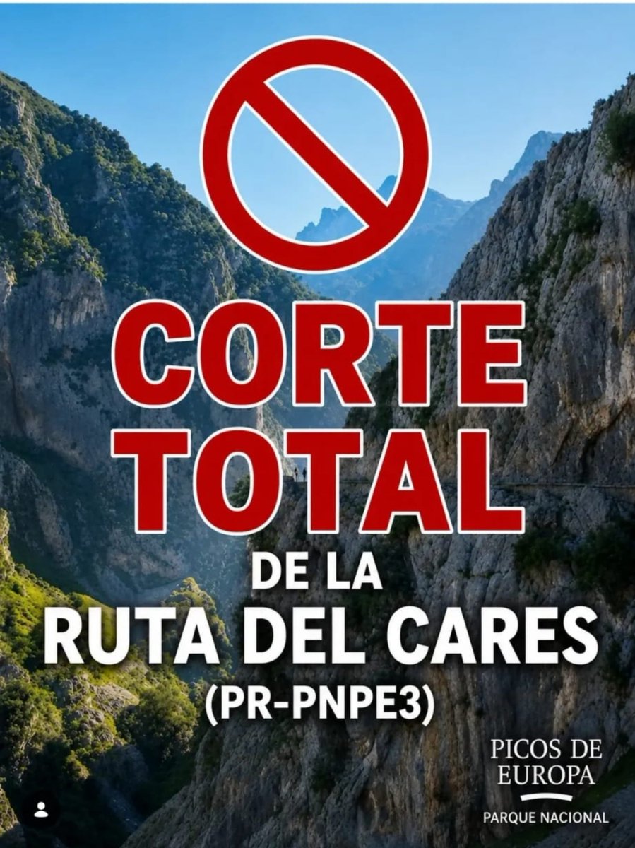 ValleValdeon's tweet photo. Debido a un desprendimiento en la Ruta del Cares, y mientras los servicios responsables intervienen en el mismo, la Dirección del Parque Nacional ha decretado el cierre total del la Ruta del Cares. 

#Leonesp #PicosdeEuropa https://t.co/Gv9g79hws5