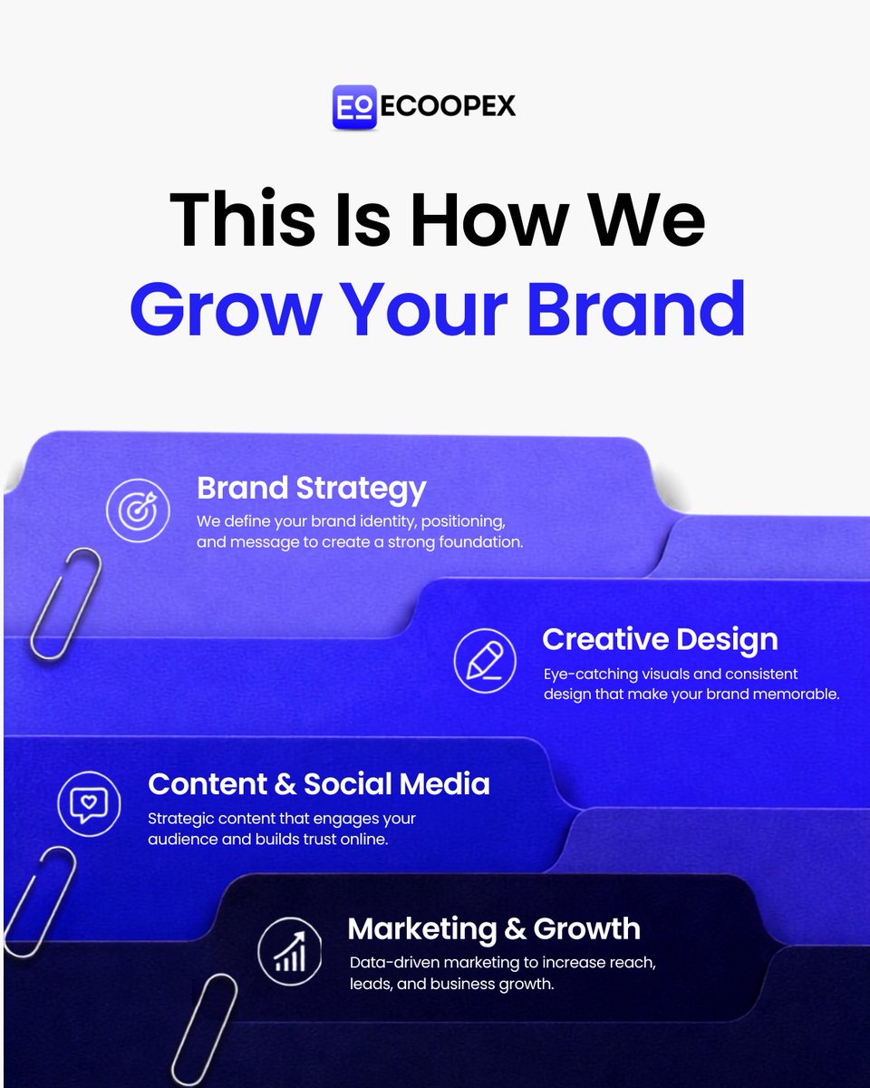Ecoopex's tweet photo. This is how Ecoopex grows your brand:

🎯 Clear brand strategy
🎨 Memorable creative design
💬 Engaging content and social media
📈 Results-focused marketingOne connected system built to increase reach, trust, leads, and growth.

🌐 https://t.co/Czygf1wd8D https://t.co/EDnIpJ7ZW4