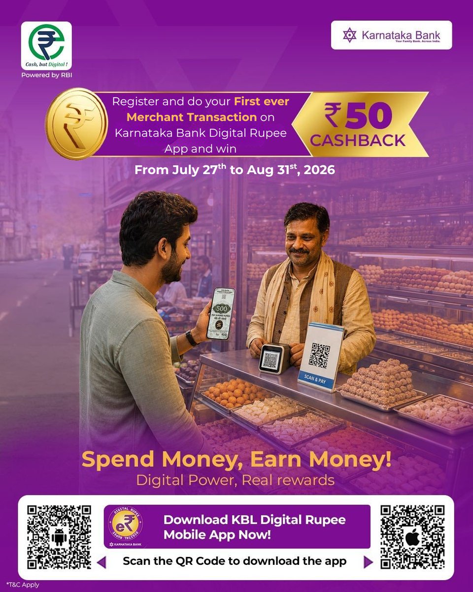 KarnatakaBank's tweet photo. Whether you're making your first merchant transaction or you're already a KBL Digital Rupee user, every payment brings you closer to exciting cashback rewards!

#KarnatakaBank #KBLDigitalRupee #DigitalRupee #eRupee #CashbackOffer #DigitalPayments

[KBL Digital Rupee, Karnataka Bank, Digital Rupee, e₹, RBI Digital Currency, Cashback Offer]