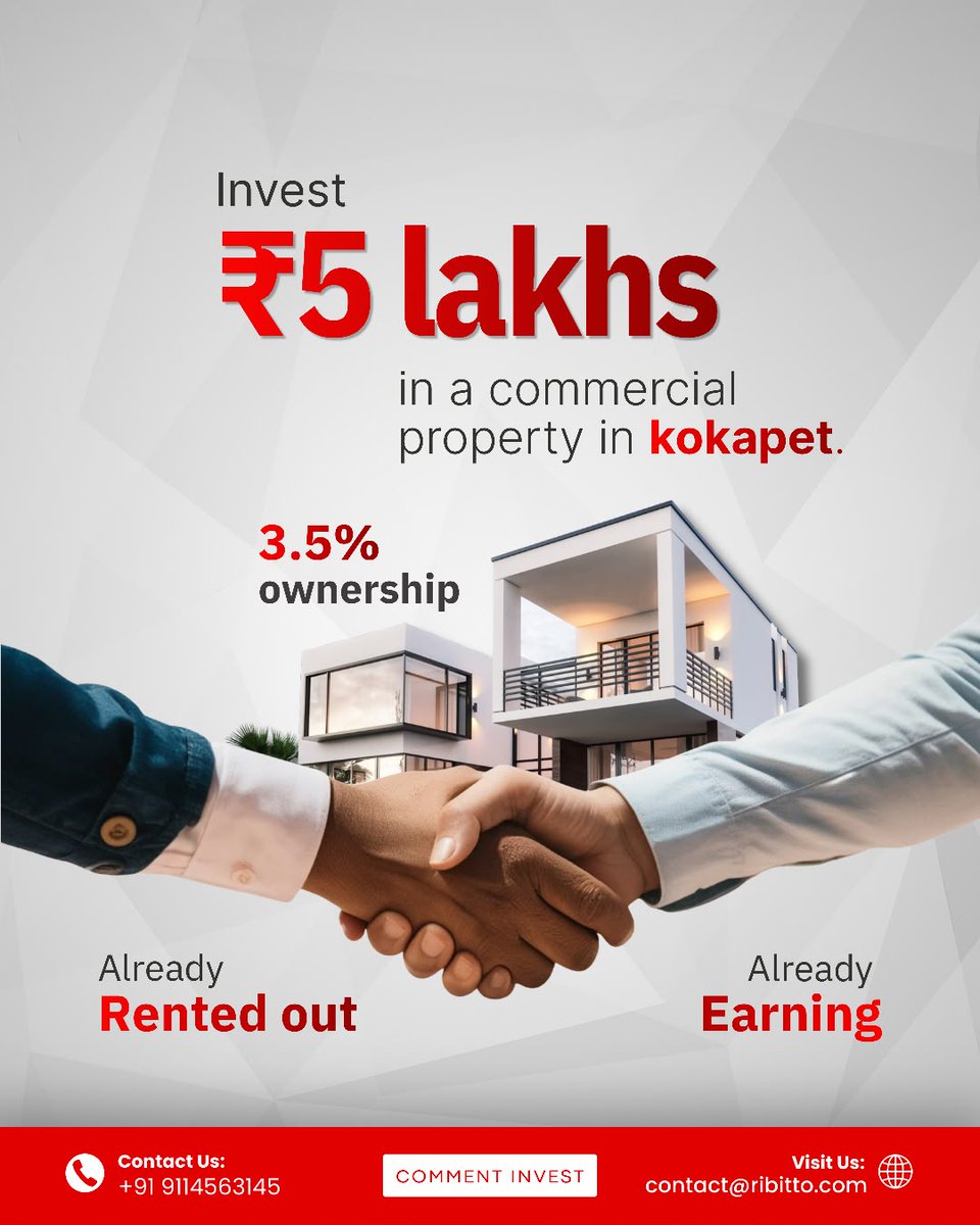 ribittoworld's tweet photo. ₹5 lakhs. 3.5% ownership in a commercial property in Kokapet. Tenant already in. Rent already flowing.
A real number attached to a real building available right now.
DM us to know more.
#FractionalOwnership #HyderabadRealEstate #Ribitto https://t.co/DyvXCmxvUZ