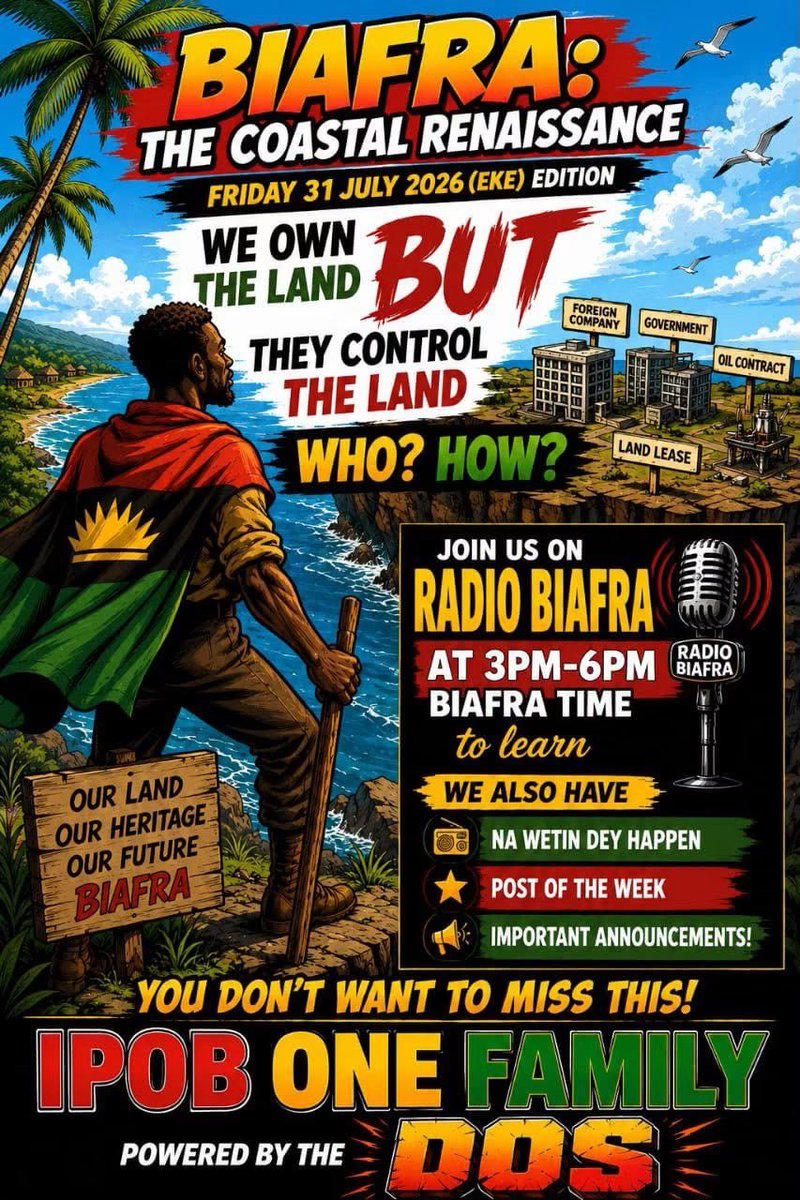GhIpob's tweet photo. Join the Coastal Biafra Renaissance on this programme today, Friday 31st July 202
Time: 3.00 pm (Biafraland/Nigeria Time)
On #RadioBiafra FM102.1, Radio Biafra app, IPOB Community Radio App
#Urhobo #Isoko #Ibibio #Efik #Ogoni #Esan #Edo #Igbo #Annang #Etsako #Igarra #Ikwere https://t.co/NH5tlyk2do