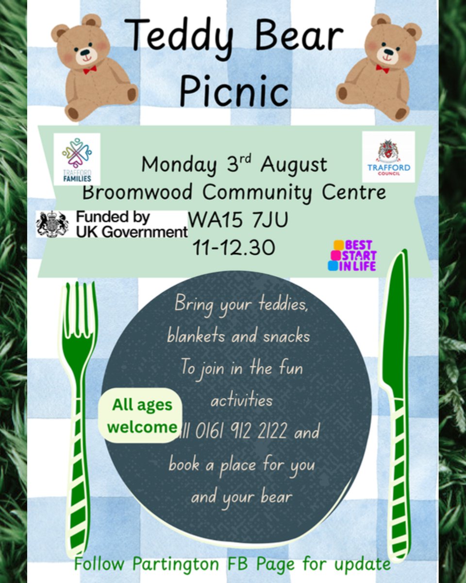 TraffordFIS's tweet photo. 🧸Teddy Bears Picnic! 🧸
📍Broomwood Community Centre
🗓️ Monday 3rd August
⏰ 11 - 12:30am
Come on down to join the fun! https://t.co/yRLXWS54ul