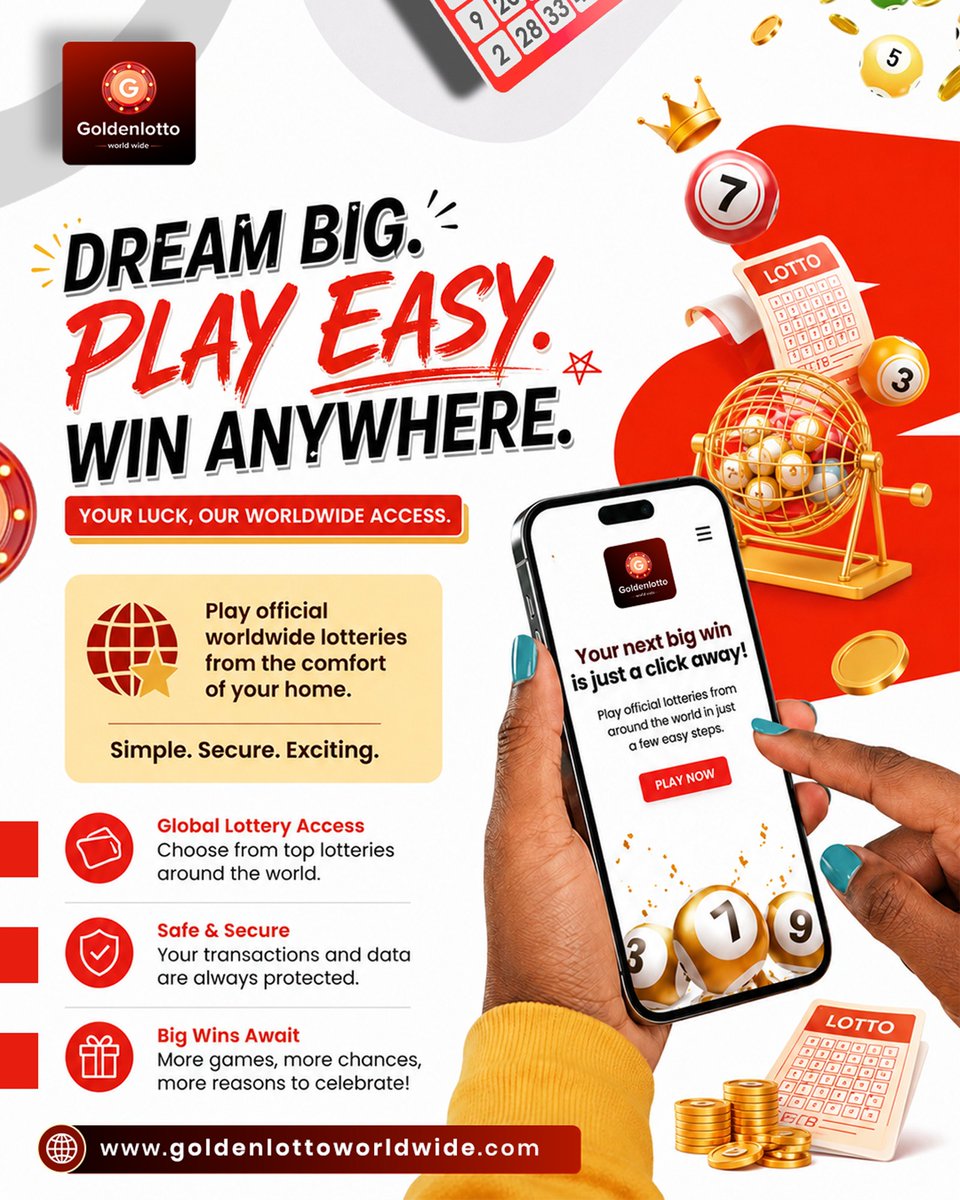 Golden_lotto_'s tweet photo. 🎟️ Dream Big. Play Easy. Win Anywhere. 🌍
Play official worldwide lotteries securely from anywhere and make every ticket count.
🌐 https://t.co/ZDS1v1CW7k
#GoldenLottoWorldwide #DreamBig #PlayEasy #WinAnywhere https://t.co/clofWJlHky