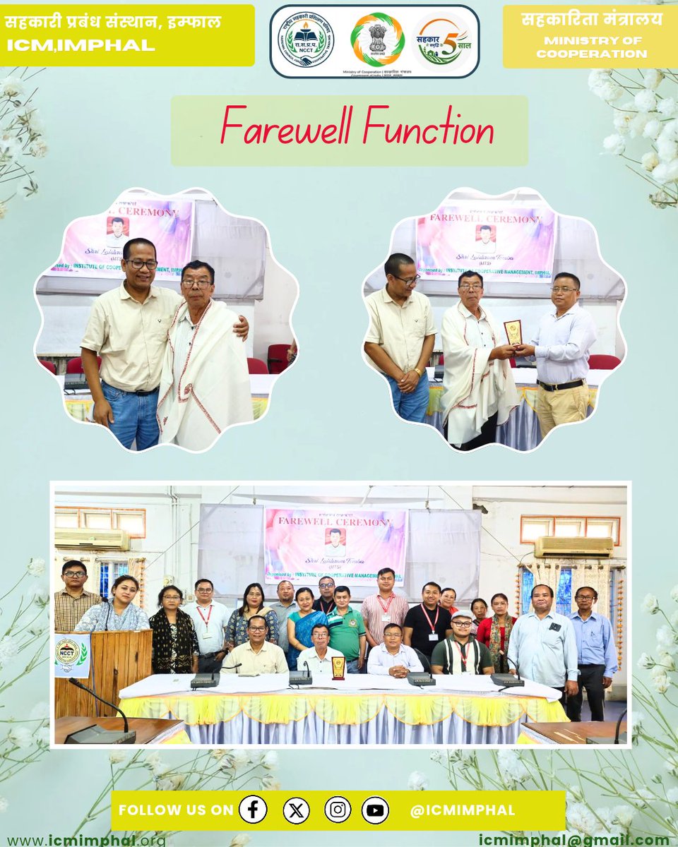 IcmImphal's tweet photo. ICM Imphal bid a heartfelt farewell to Shri Laishram Tomba, MTS, in appreciation of his dedicated service and commitment to the Institute.
We extend our sincere gratitude and wish him good health and happiness  in all his future endeavors.

#EmpoweringCooperatives https://t.co/b9gtu5HsWw