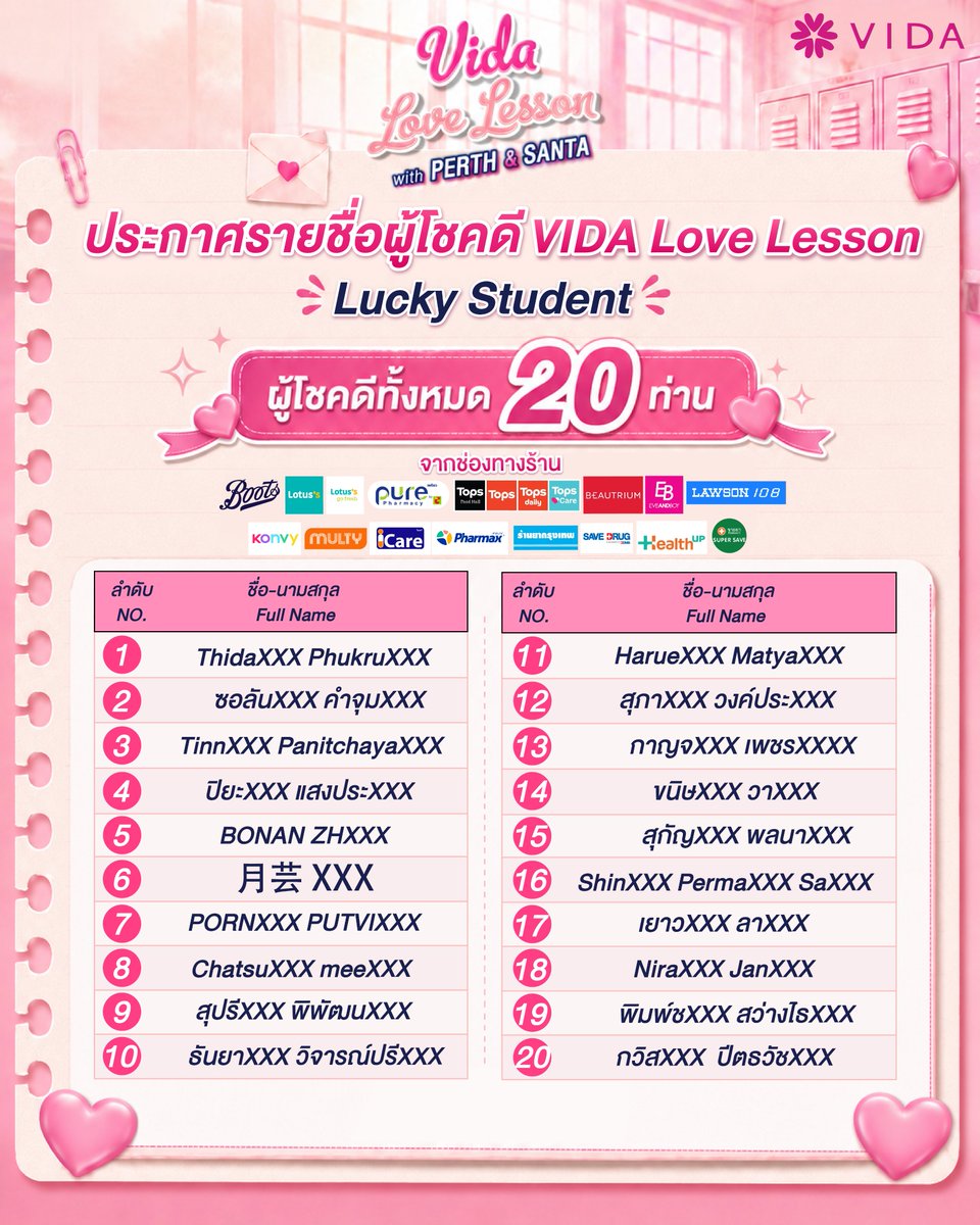 Vidathailand's tweet photo. 🔔 กริ๊งงง~ ได้เวลาประกาศผลนักเรียนแล้วค่ะ 🎓💖

ผอ.วีด้า ขอประกาศรายชื่อ 50 Lucky Students นักเรียนผู้โชคดีที่จะได้เข้าเรียนในคลาสพิเศษ
VIDA Love Lesson with PerthSanta 🤍🖤

ขอแสดงความยินดีกับเดวิลจิ๋วทั้ง 50 ท่าน ที่ได้รับสิทธิ์เข้าสู่ห้องเรียนแห่งความรักในครั้งนี้ เตรียมตัวมาเก็บโมเมนต์สุดพิเศษ และสร้างความทรงจำดี ๆ ร่วมกับ PerthSanta กันได้เลย 💖
ผอ.วีด้า ขอขอบคุณเดวิลจิ๋วทุกคนที่ให้การสนับสนุน และร่วมสมัครเข้าเรียนกับ VIDA ในครั้งนี้ค่ะ 🫶🏻

🔍 ตรวจสอบรายชื่อนักเรียนผู้โชคดีได้ที่ภาพภายในโพสต์
📧 นักเรียนผู้โชคดีจะได้รับอีเมลแจ้งรายละเอียดการยืนยันสิทธิ์จากอีเมล warapin@matcenter.co.th หรือ sasipa@matcenter.co.th หรือ radeephorn@matcenter.co.th  โดยส่งไปยังอีเมลที่ใช้ลงทะเบียนเข้าร่วมกิจกรรม โปรดตรวจสอบทั้งกล่องข้อความและอีเมลขยะ
📌 กรุณายืนยันสิทธิ์ภายในวันที่ 4 สิงหาคม 2026 เวลา 12.00 น. เท่านั้น หากไม่ดำเนินการภายในเวลาที่กำหนด จะถือว่าสละสิทธิ์ในการเข้าเรียนครั้งนี้
📌 นักเรียนที่มีรายชื่อโปรดอ่านรายละเอียด และดำเนินการยืนยันสิทธิ์ให้ครบถ้วนตามขั้นตอนที่ระบุในอีเมล
🏫 วันเปิดคลาส: วันเสาร์ที่ 15 สิงหาคม 2026

แล้วพบกันในห้องเรียนแห่งความรัก
จาก ผอ.วีด้า 💖✨
—------------------------------------------
📣 Announcement of the 50 Lucky Students
Congratulations to the 50 Lucky Students selected to join VIDA Love Lesson with PerthSanta. 🤍🖤

🔍 Please check the images in this post for the full list of selected participants.
📧 Instructions for confirming your participation will be sent from warapin@matcenter.co.th or  sasipa@matcenter.co.th or radeephorn@matcenter.co.th 
 to the email address provided during registration. Please check both your inbox and your spam or junk folder.
📌 Participation must be confirmed by 4 August 2026 at 12:00 PM Thailand Time (GMT+7). Failure to confirm by the deadline will be deemed a withdrawal from the event.
🏫 Event Date: Saturday, 15 August 2026

#VidaThailand #VIDAxPerthSanta #เปิดห้องเรียนVIDA #PerthSanta #เพิร์ธแซนต้า #PerthTanapon #Santapp