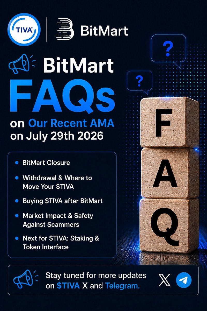IntivaHealth's tweet photo. 📢 Our Recent AMA on July 29th 2026: Here's What We Covered

1️⃣ BitMart Closure: BitMart is winding down its global exchange operations. This is a BitMart business decision and does not affect Intiva Health or the $TIVA ecosystem.

2️⃣ Your $TIVA Is Safe: Your tokens remain secure, but since they're held on a custodial exchange that's closing, we strongly recommend withdrawing them as soon as possible.

3️⃣ Withdrawal Deadline: Complete your withdrawals before 05:00 UTC on August 26, 2026. Don't wait until the last minute to avoid delays.

4️⃣ Where to Move Your Tokens: Transfer your $TIVA to a trusted self-custody wallet such as MetaMask or Trust Wallet, using the correct network.

5️⃣ KYC Requirements: If BitMart requests KYC or additional verification before processing your withdrawal, complete it directly through BitMart to avoid delays.

6️⃣ Buying $TIVA: Trading on BitMart has ended. Official trading alternatives will be shared through our Telegram and X channels—only use verified links.

7️⃣ Stay Scam-Aware: Never share your private keys or pay "withdrawal" or "unfreezing" fees. Our team will never contact you privately asking for sensitive information.

8️⃣ Market Impact: Temporary volatility is expected, but BitMart's closure does not change $TIVA's long-term utility or our institutional growth strategy.

9️⃣ What's Next: We're actively engaging with multiple reputable centralized exchanges to expand $TIVA accessibility and liquidity. More updates will be shared when finalized.

Thank you to everyone who joined today's AMA! Stay connected through our official Telegram and X channels for verified updates.