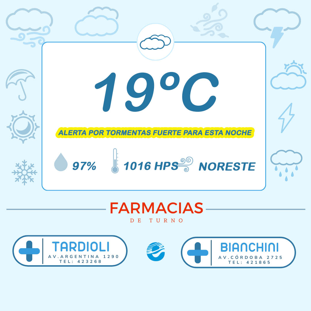 EsperanzaDxD's tweet photo. Servicios #edxd
☁Tiempo: Cielo nublado con baja probabilidad de tormentas en la mañana, aumenta la probabilidad para la tarde y serán fuertes por la noche.
🌡️Mínima: 16ºC / Máxima: 27ºC
⚠ Alerta por tormentas
✅Farmacias de Turno: Bianchini y Tardioli hasta las 8 del Sábado https://t.co/tzBswe8Py7