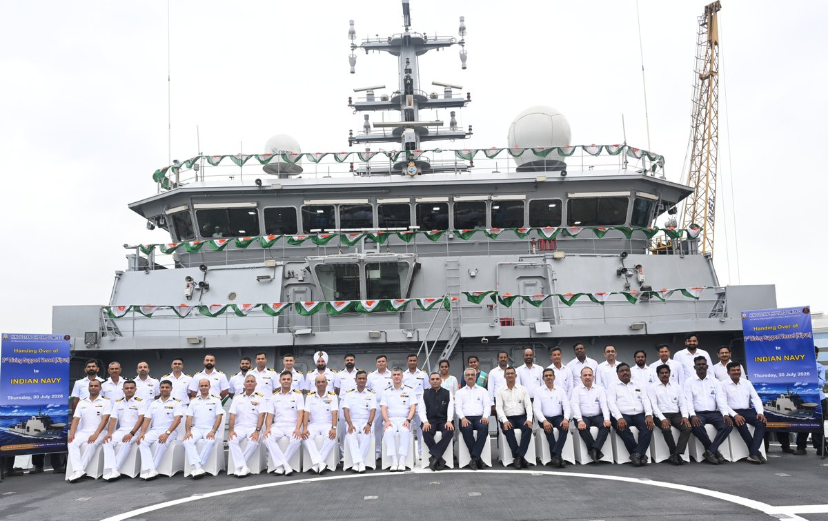 indiannavy's tweet photo. Nipun, the second Diving Support Vessel (DSV), built by Hindustan Shipyard Limited was delivered to the #IndianNavy on #30Jul 26 at Visakhapatnam. 

The ship draws her name from the Sanskrit word signifying ‘one who is adept, capable and well versed’. 
With nearly 75% indigenous content, #Nipun is equipped with state-of-the-art Dive Equipment and can undertake Deep Sea Saturation Diving upto 300m. 

The ship will also serve as the ‘Mother Ship’ for the Deep Submergence Rescue Vessel (DSRV), to evacuate personnel in an emergency from a submarine. 

The delivery of Nipun, is in line with the vision of #AatmanirbharBharat and boosts #IndianNavy’s capabilities in the niche domain of Deep Sea Dive Operations.
 
@makeinindia @SpokespersonMoD 
@CMD_HSL 

https://t.co/ORTRhZh02A