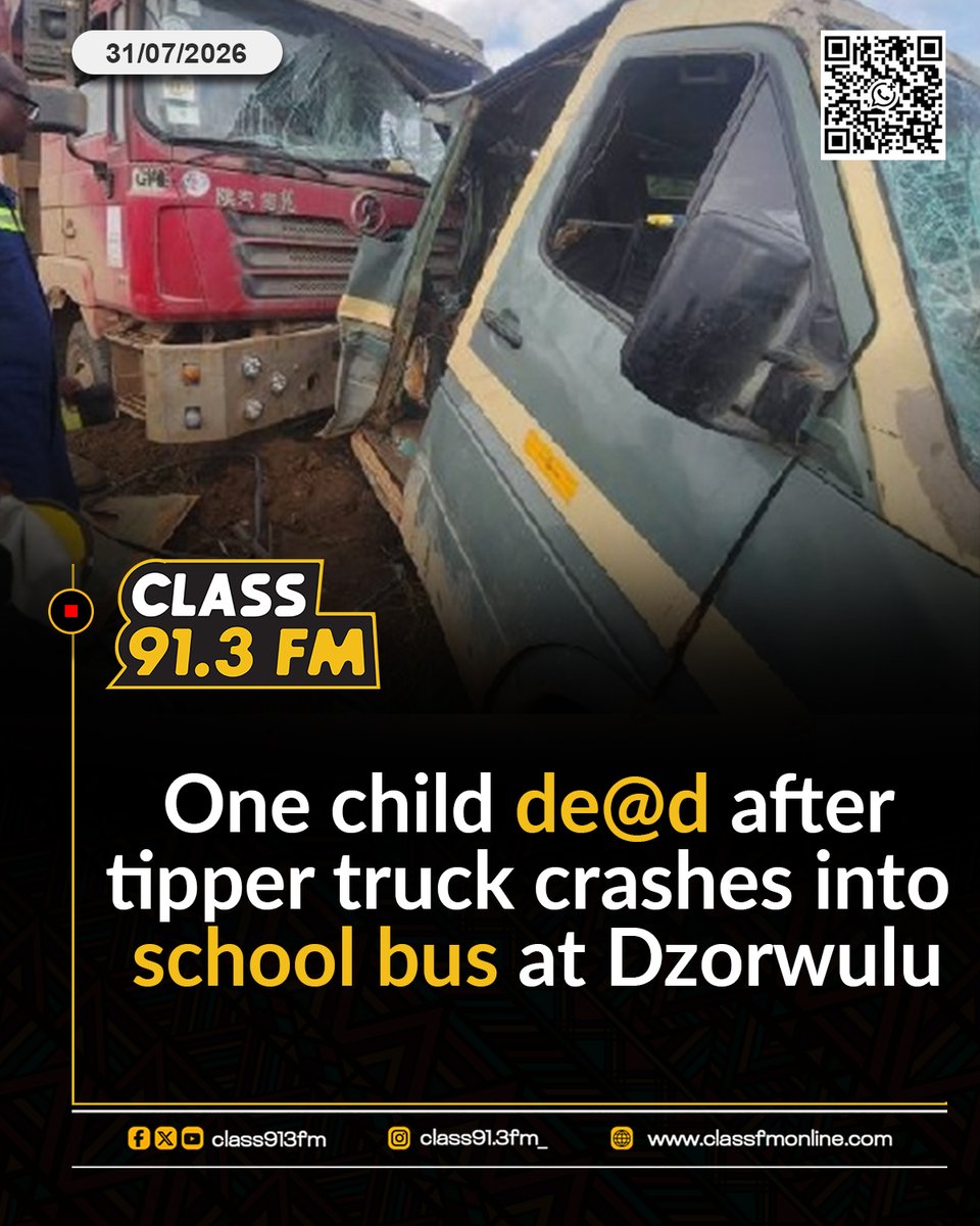 Class913fm's tweet photo. One child dead after tipper truck crashes into school bus at Dzorwulu

Read more: https://t.co/JwMABWIF2E

#ClassFM #cmgrebranding https://t.co/F9bgmNdPhQ