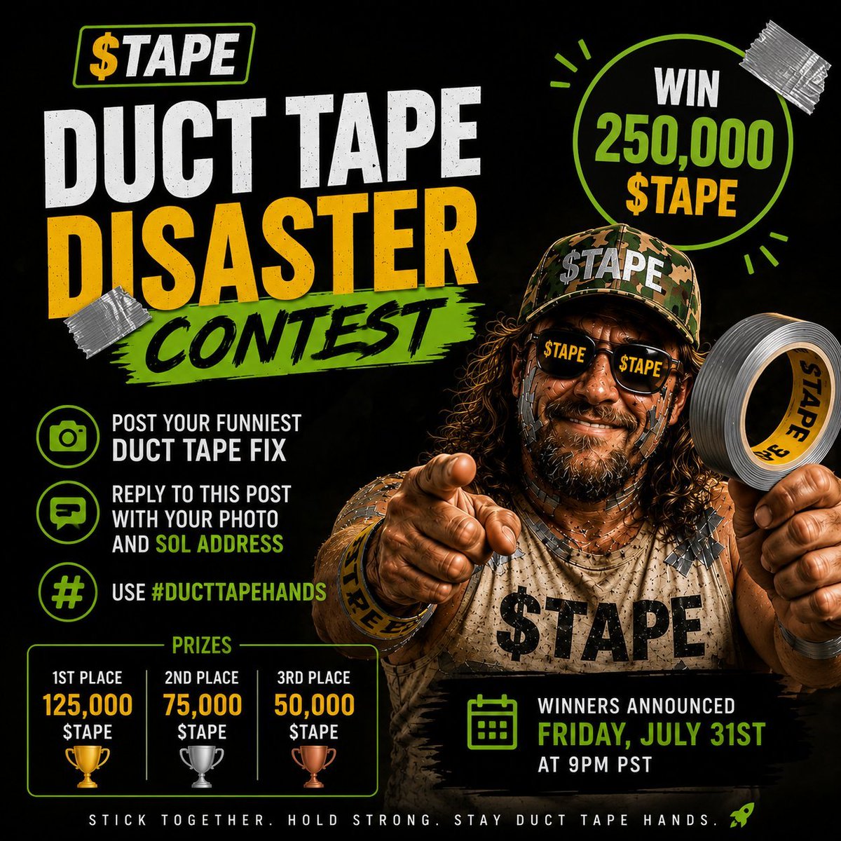 TapeonSolana's tweet photo. 🚨 Last call, Tapeheads! 🚨

Only a few hours left to enter the $TAPE Duct Tape Disaster Contest! 🛠️

Post your funniest duct tape fix before 6 PM PST for your chance to win up to alot of $TAPE!

⚠️ Don't forget to include your SOL address in your reply, or your entry won't qualify!

Good luck... and may the funniest repair win! 🤣🛠️🚀 #DuctTapeHands 

#memecoin #Solana