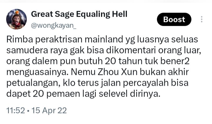 wongkayan_'s tweet photo. Bikin versi universal, buat gebuk kang bikin agenda bulanan. Revisi gini:

Rimba perdrachinan yg luasnya seluas samudra raya ga bisa dikomentari warga luar, warga dalem pun butuh 20 taun tuk bener2 menguasainya.

Begitu kira2, ntar revisi lagi klo nemu ide laen 😂 https://t.co/g8VWGpf7Rc