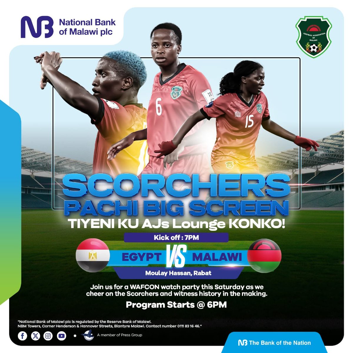NBMplc's tweet photo. AFTER STUNNING NIGERIA, CAN WE BURN EGYPT NEXT? ๐ฒ๐ผ๐ฅ
We, the Official Sponsor of the Scorchers, bring you a FREE WAFCON Watch Party at AJs Lounge, Nancholi, Blantyre.
Doors open at 6 PM, with kick-off at 7 PM.
#OnaPango
#WAFCON2026
#BankOfTheNation https://t.co/UXxWhLR4r3