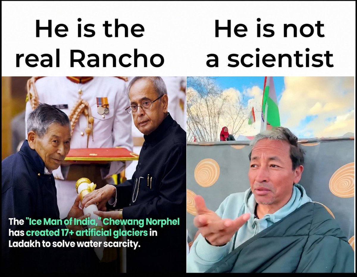 BanCheneProduct's tweet photo. He is Mr Chewang Norphel. 

He worked on artificial glacier technology.

He made 17+ artificial glaciers on the ancient technique of Ice Stupa.

He made 300 canal channels to irrigate 20,000 acre of land.

He is called Ice Man of Ladakh.

He transformed agriculture viability of Ladakh and helped farmers.

He received multiple awards including Padma Shri.

He doesn't have an ECOSYSTEM who would fund his PR.

He worked for Ladakh, so he is useless for deep states.

Hence 100% people know about Sonam, but not even 1% know about Mr Chewang Norphel.

This is how social media propaganda works.