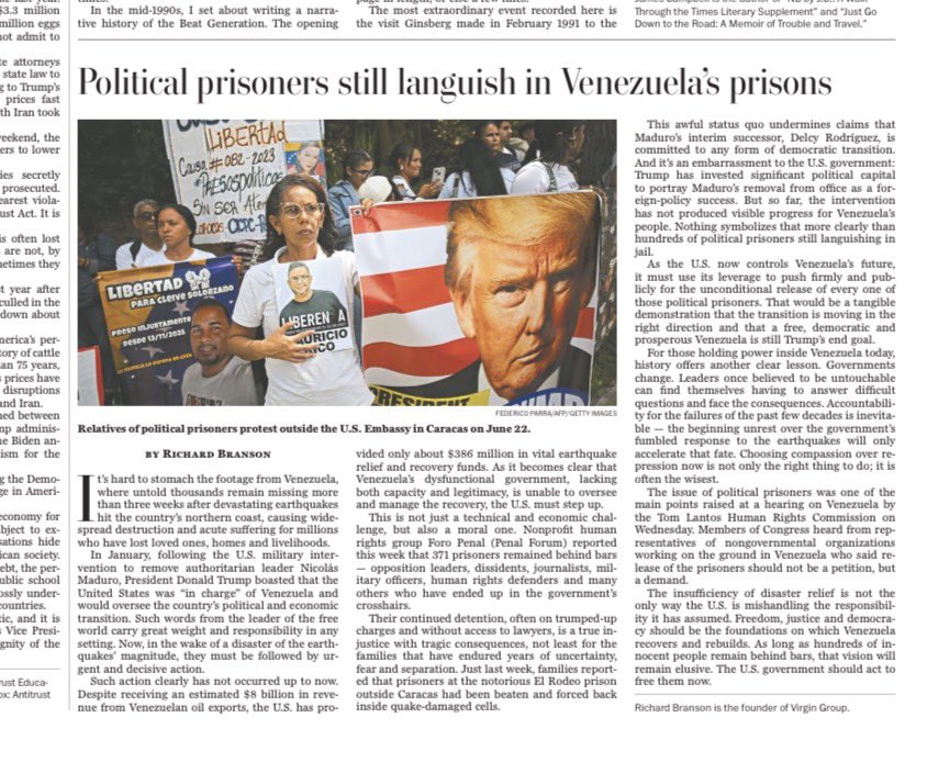 alandete's tweet photo. Richard Branson, fundador de Virgin, publica un artículo de opinión en el Wash Post e insta a EE.UU. a exigir la liberación de presos políticos en Venezuela. Afirma que la transición no será creíble mientras cientos de personas sigan encarceladas y pide a Washington que actúe. https://t.co/ll8kpWNuLu