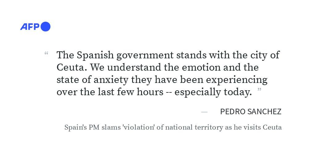 AFP's tweet photo. 🇪🇸 Spanish Prime Minister Pedro Sanchez has criticised a sudden arrival of around 40,000 migrants from Morocco to the north African enclave Ceuta as "an attack, a violation" of Spain's national territory. https://t.co/nALqE2nUuD