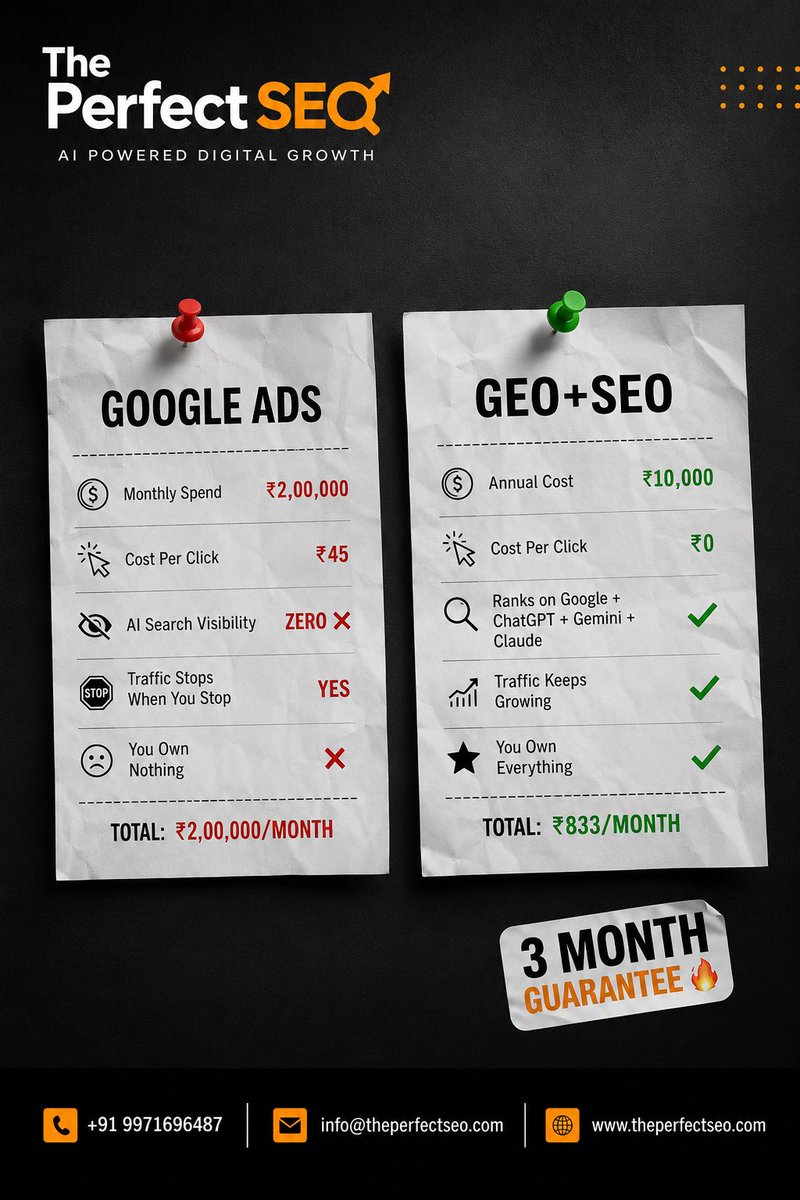 theperfect_seo's tweet photo. Stop renting traffic. Start owning visibility.

#GoogleAds bring instant clicks. GEO+SEO builds lasting rankings, AI visibility, and organic leads that grow over time.

Choose smart growth with #ThePerfectSEO.

https://t.co/Qexm3s6q24

#SEO #GEOSEO #AISEO #OrganicTraffic #Digital https://t.co/QPLgtf3MYb