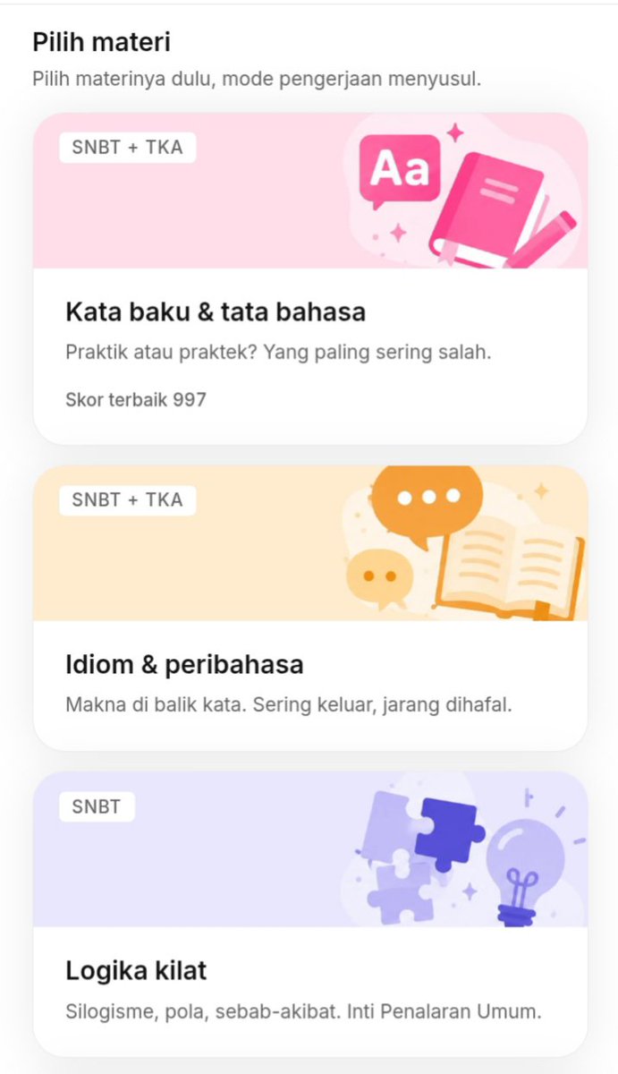 nalibelajar's tweet photo. DEMI APA BISA LATIHAN SNBT &amp; TKA KEREN GINI 😭 bisa latihan kata baku &amp; tata bahasa, idiom &amp; pribahasa, logika kilat, matematika kilat, vocab &amp; idiom Inggris, ada info tryout juga, mode pengerjaan juga bisa quiz mode, falshcard mode, survival mode, komen "MAU" nanti aku spill 🙌🏻 https://t.co/NjzDwyZLnw