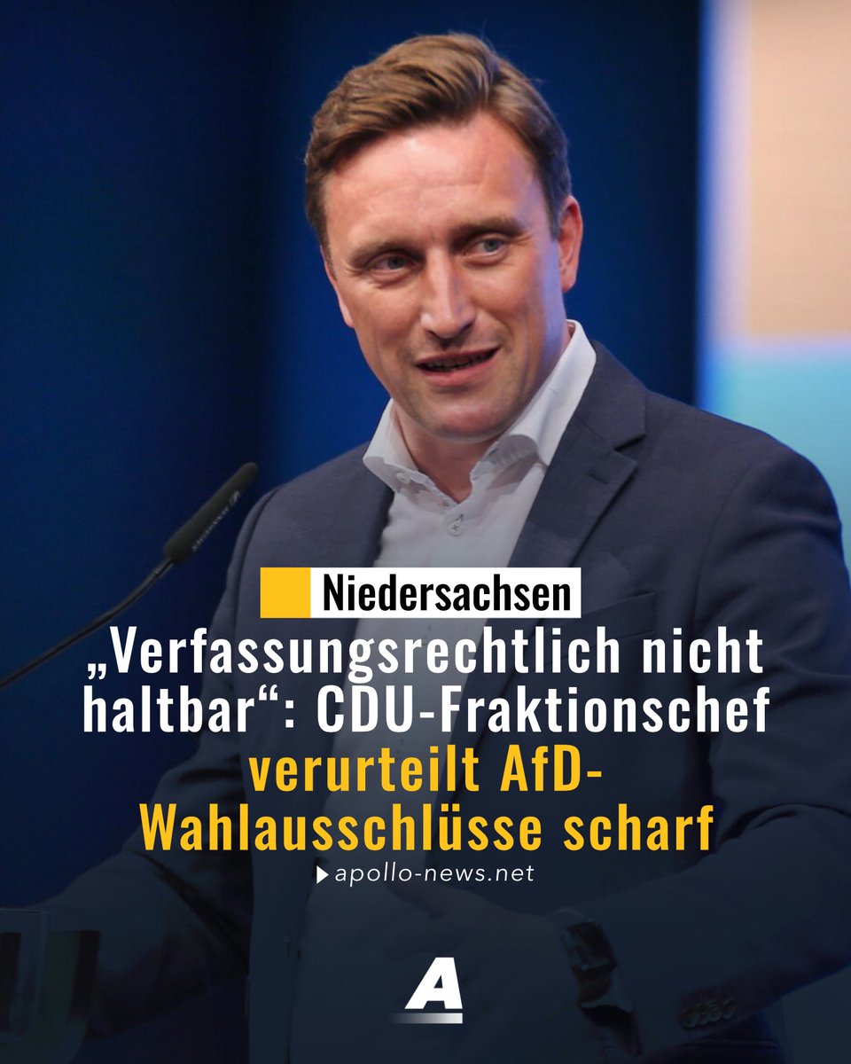 apollo_news_de's tweet photo. Der CDU-Landeschef Sebastian Lechner übt scharfe Kritik an den Ausschlüssen von AfD-Kandidaten bei den Kommunalwahlen in Niedersachsen. Die neuen Verfahren zur Überprüfung der Verfassungstreue seien „verfassungsrechtlich nicht haltbar“. Die SPD hält dagegen.

https://t.co/qwRg3ndtw1