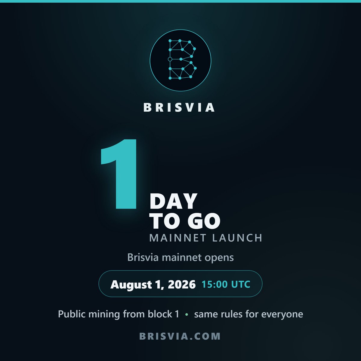 brisviacoin's tweet photo. Brisvia (BRVA) mainnet opens tomorrow — August 1, 2026 at 15:00 UTC.

RandomX CPU mining. 0% premine. Public mining from block 1, same rules for everyone.

Get ready → https://t.co/MRdfy1crxv

#Brisvia #RandomX #CPUmining https://t.co/vx5hgrKZVV