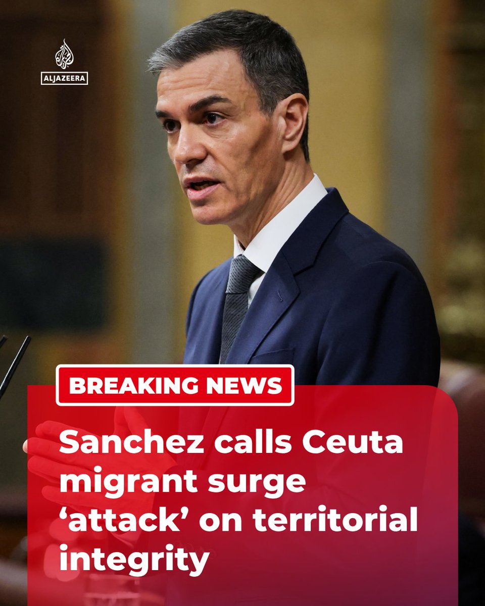 AJENews's tweet photo. BREAKING: Spain’s PM Pedro Sanchez says the influx of some 49,000 migrants into Ceuta from Morocco amounts to “an attack, a violation on Spain’s territorial integrity”, during his visit to the enclave.

🔴 More on https://t.co/5H0QqpfIYw https://t.co/WE5GB6xrK0