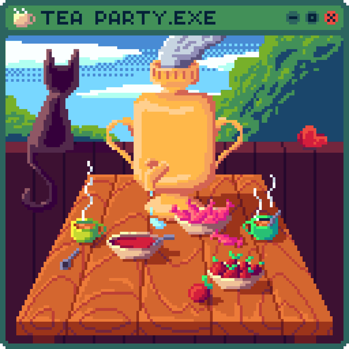 DecoFire1e's tweet photo. Tea Party.exe 
I like drinking tea outside, in the fresh air. How do you like to drink your tea? And what do you have it with? :3
#pixelart #art #tea #ambience #cat https://t.co/TjnTV3h11w