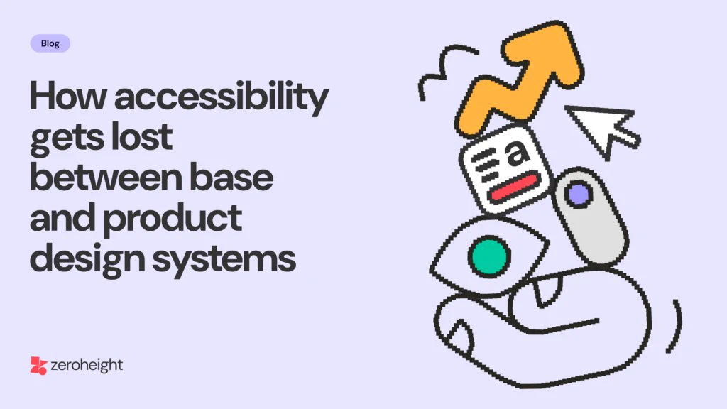 Blog titled: "How accessibility gets lost between base and product design systems," with the zeroheight logo. An illustration shows a hand holding an accessibility icon, alongside an eye, a computer mouse, an upward trend arrow, and a cursor.